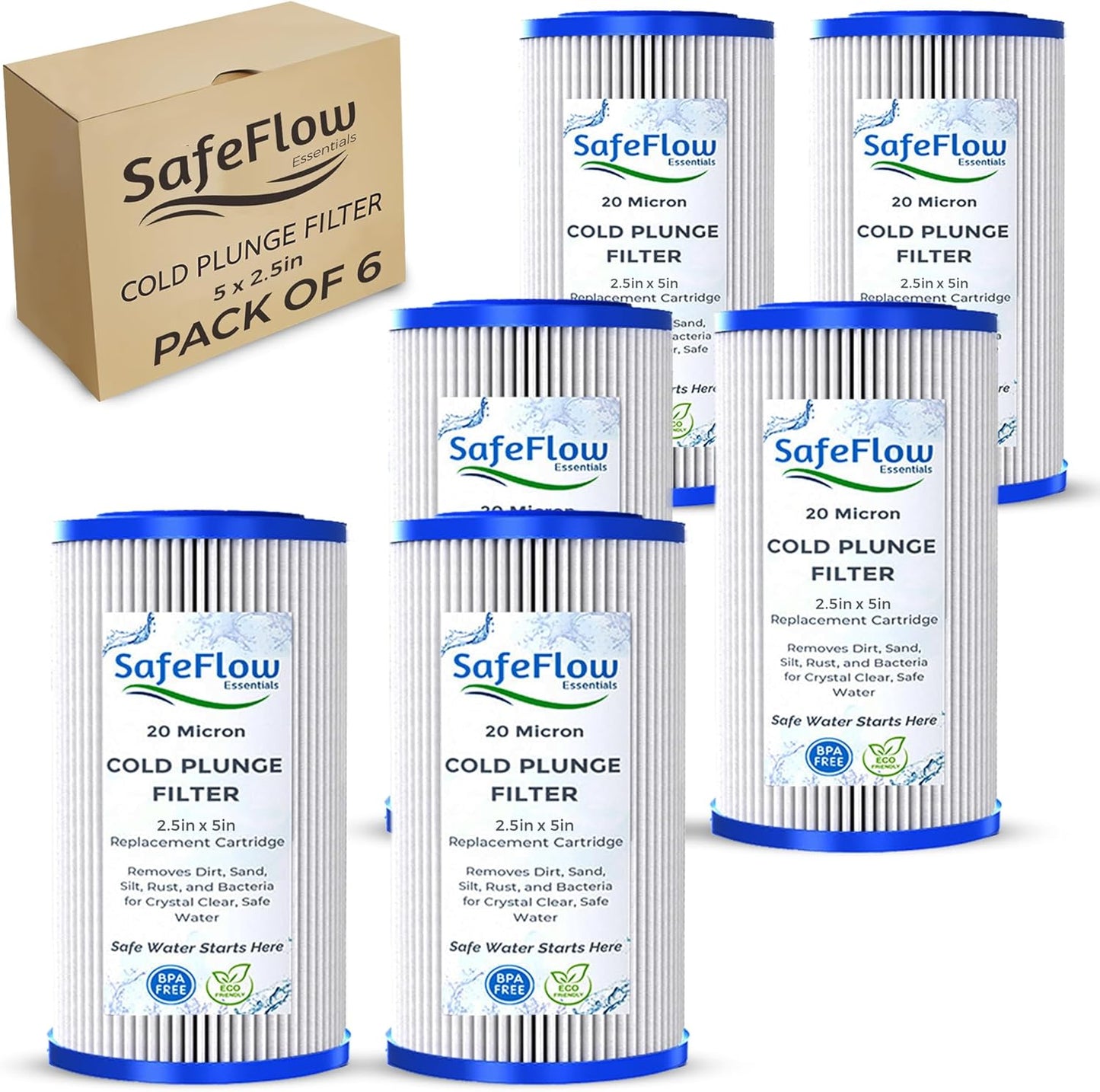 SafeFlow Essentials 5" x 2.5" Cold Plunge Filter 20 Micron \u2013 Fits The Pod Ice Cold Plunge Water Chiller, Cold Plunge Filters, and Under Kitchen Sink Systems (6)
