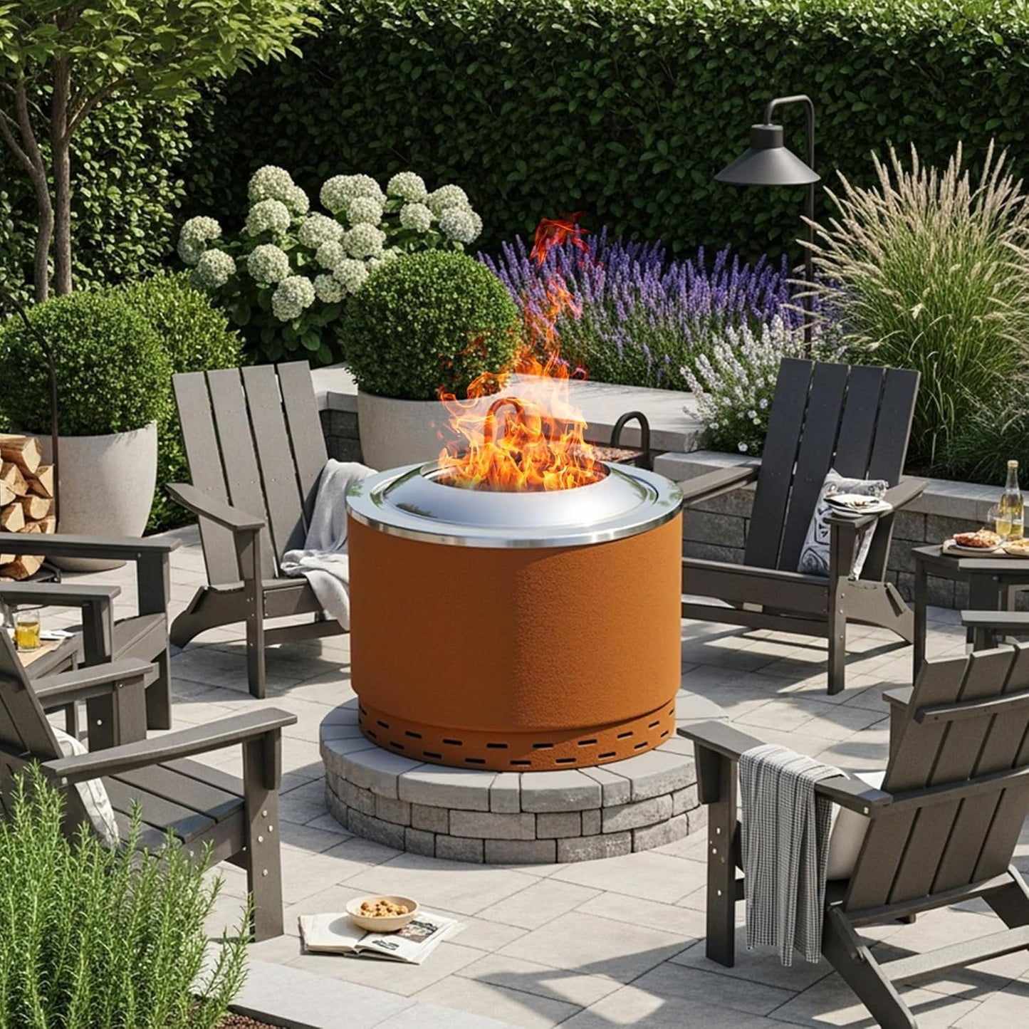 KOL 20" Smokeless Dual Flame Fire Pit for Outdoor - Thick Corten Steel & Stainless Steel Wood Burning Firepits with Stand, Portable Bonfire Pit with Removable Ash Pan for Patio, Backyard, Campsite