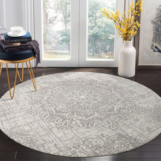 Lahome Vintage Medallion Round Rugs 6ft - Washable Round Rugs for Living Room Non Slip Circle Rug Ultra-Thin Dining Room Rugs for Under Table, Throw Grey Round Carpet for Bedroom Kitchen Entryway