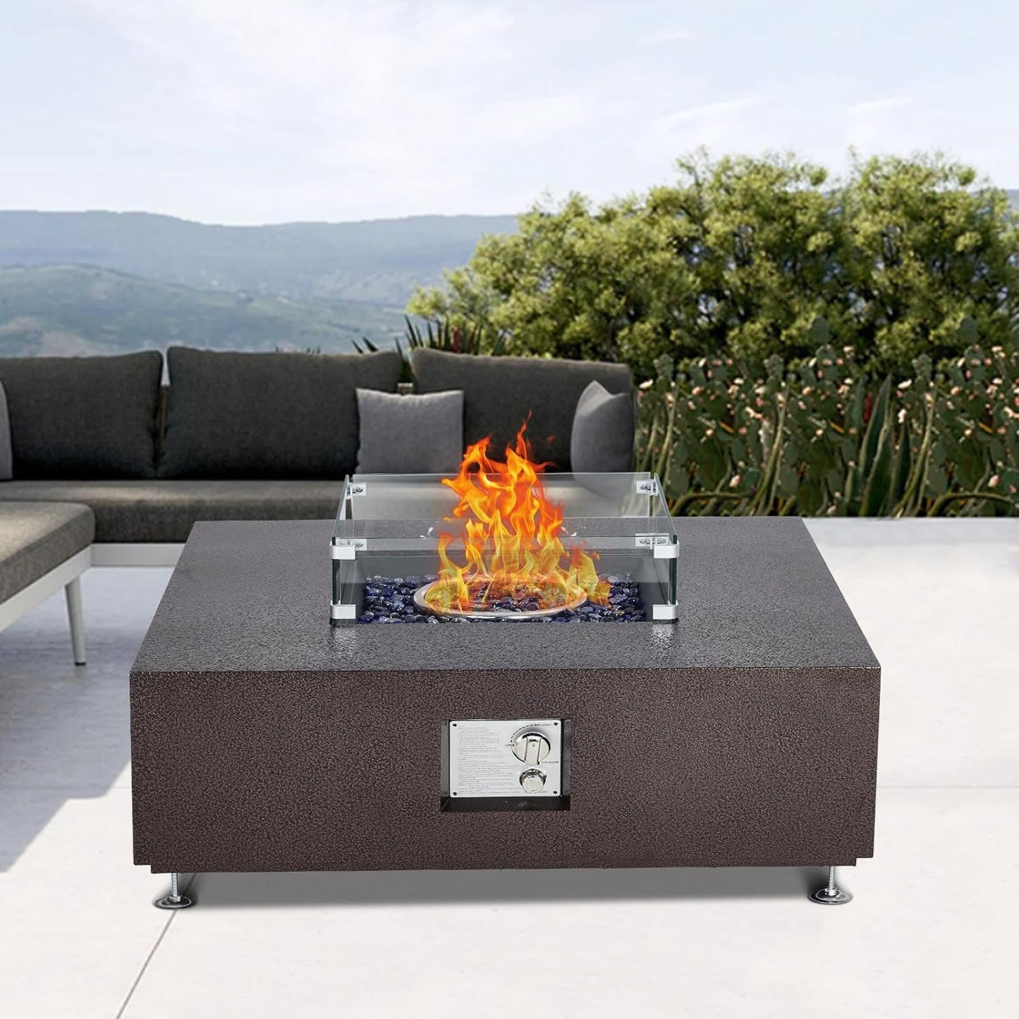 36-Inch Square Propane Fire Pit Table with 50,000 BTU Output and Wind Guard for Patio Deck Garden, Sturdy Steel Frame with Rust-Resistant Powder Coating, Bronze Finish, ncludes Glass B