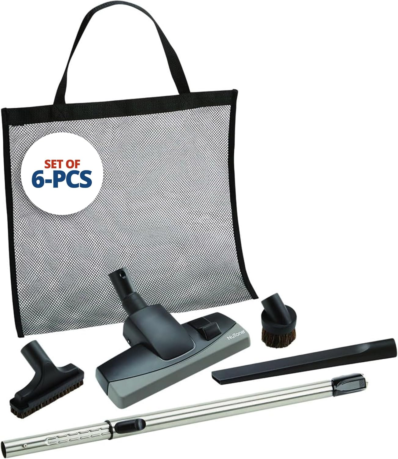 Central Vac Carpet and Bare Floor Attachment Set for Cleaning Carpets and Any Floor Surfaces, Dusting Brush, Upholstery Tool, Ratcheting Wand, Long Crevice Tool and Mesh Storage Bag