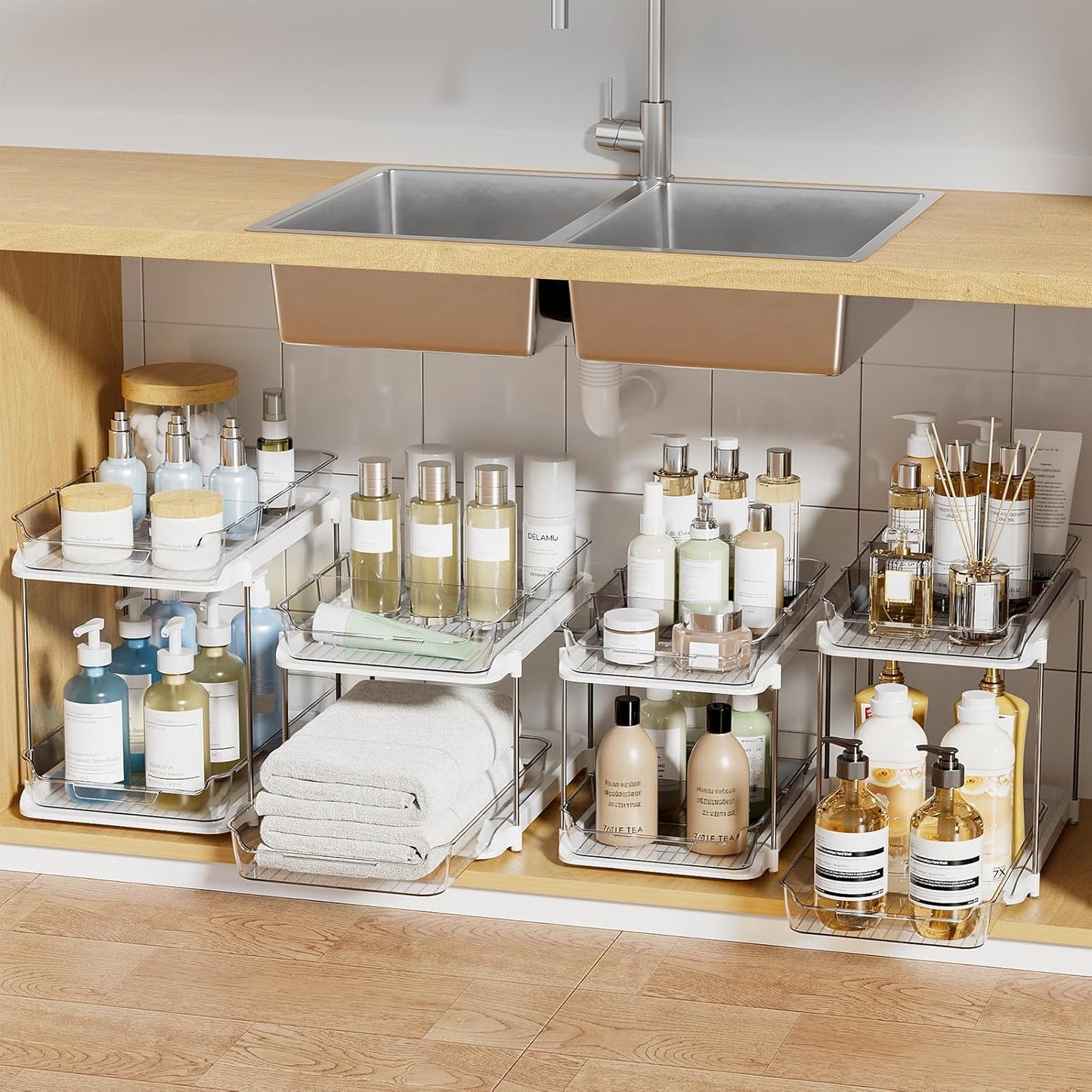 Delamu 4 Sets of 2-Tier Multi-Purpose Bathroom Under Sink Organizers and Storage, Stackable Kitchen Pantry Organization, Pull Out Medicine Cabinet Organizer with 8 Movable Dividers