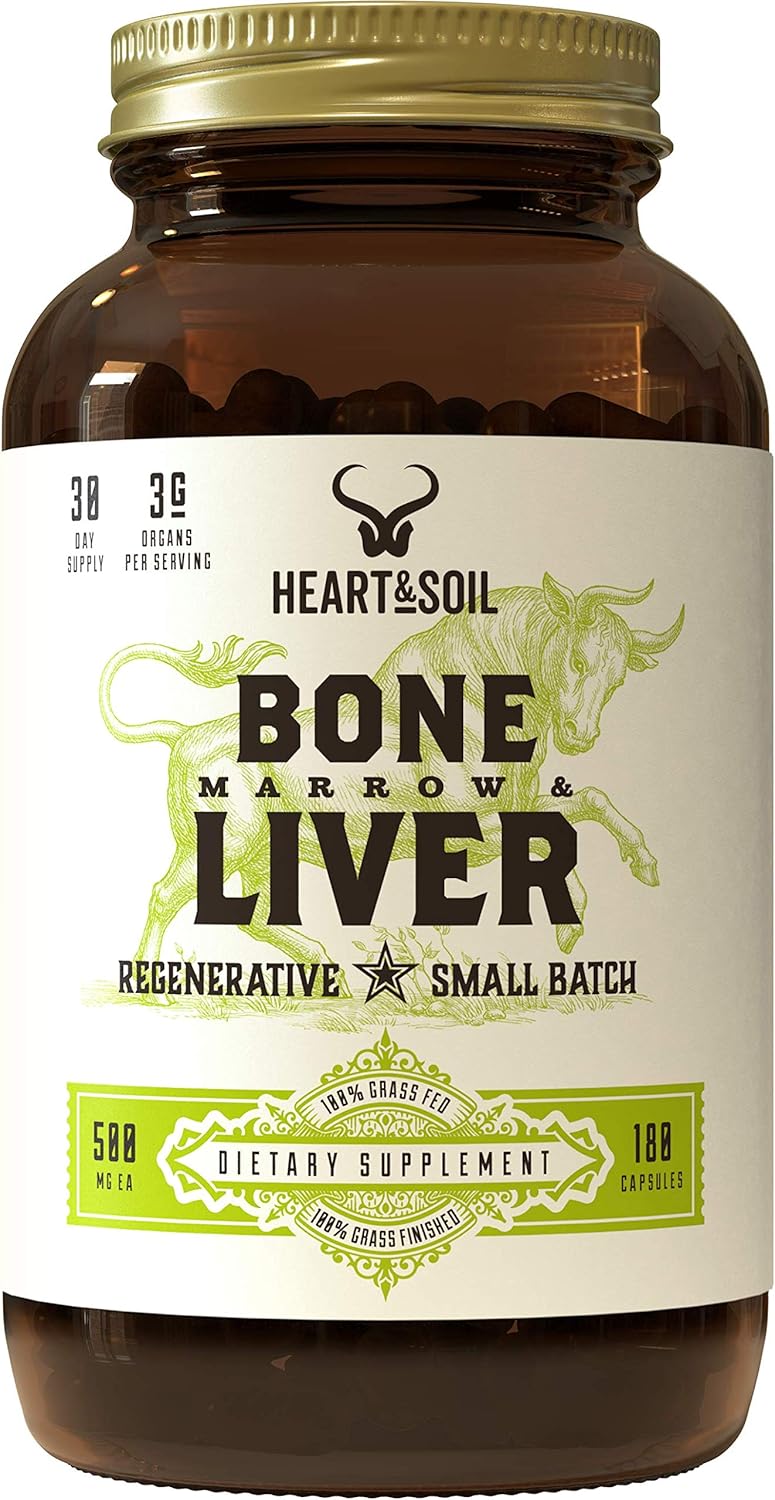 HEART & SOIL - Grass-Fed Bone Marrow and Beef Liver Supplement – 3000mg, Desiccated Organ Blend for Mood, Bone, Joint, Tissue, Skin Health - Non-GMO, Allergen-Free – 180 Capsules