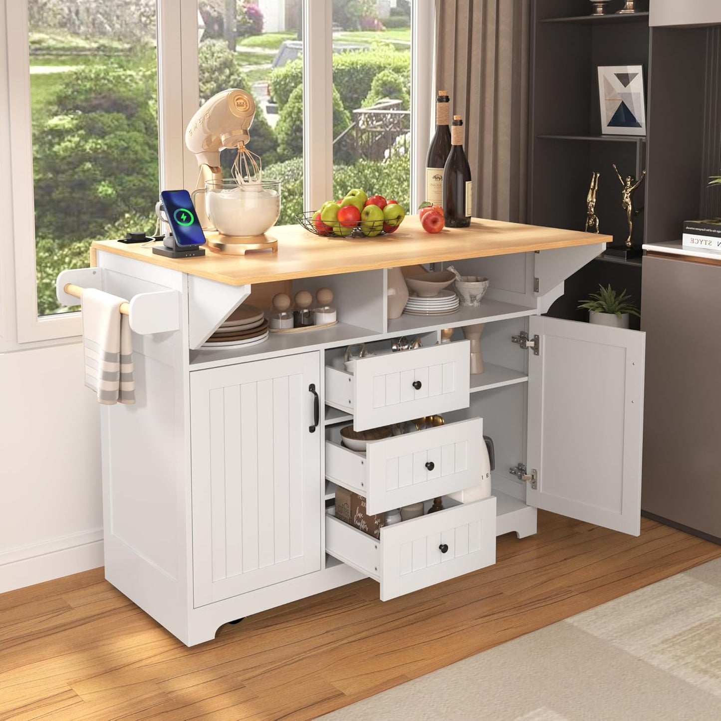 YOPTO 56" Large Kitchen Island with 2 Drop Leafs,Rolling Kitchen Cart on 5 Wheels W\/Power Outlet & 3 Drawers,Folding Storage Dining Table W\/Spice & Towel Racks,for Kitchen,Dining Room,White