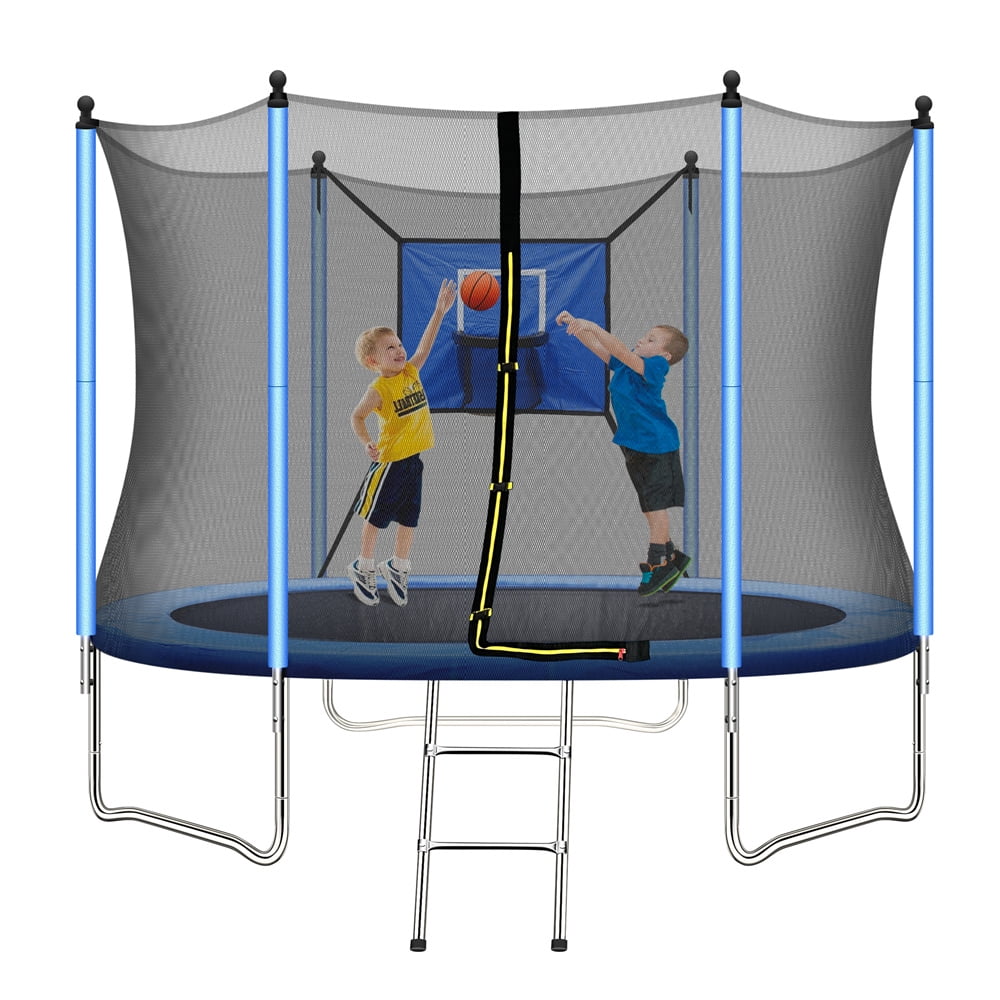 8FT Kids Trampoline, Trampoline Outdoor with Basketball Hoop, Enclosure Net and 2 Steps Ladder, Recreational Trampoline for Indoor, Outdoor and Backyard, Blue