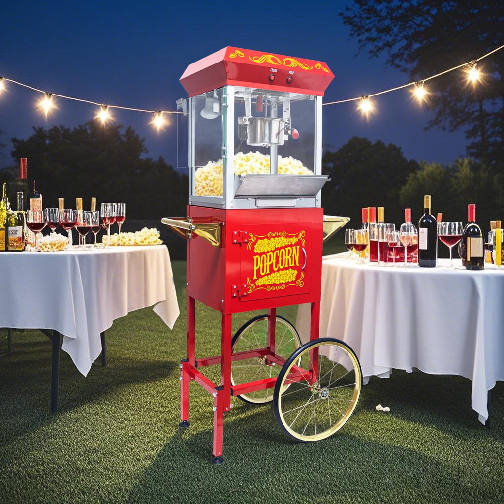 8oz Popper with Stainless-steel Kettle, Popcorn Machine with Cart,Heated Warming Deck, and Old Maids Drawer,Red