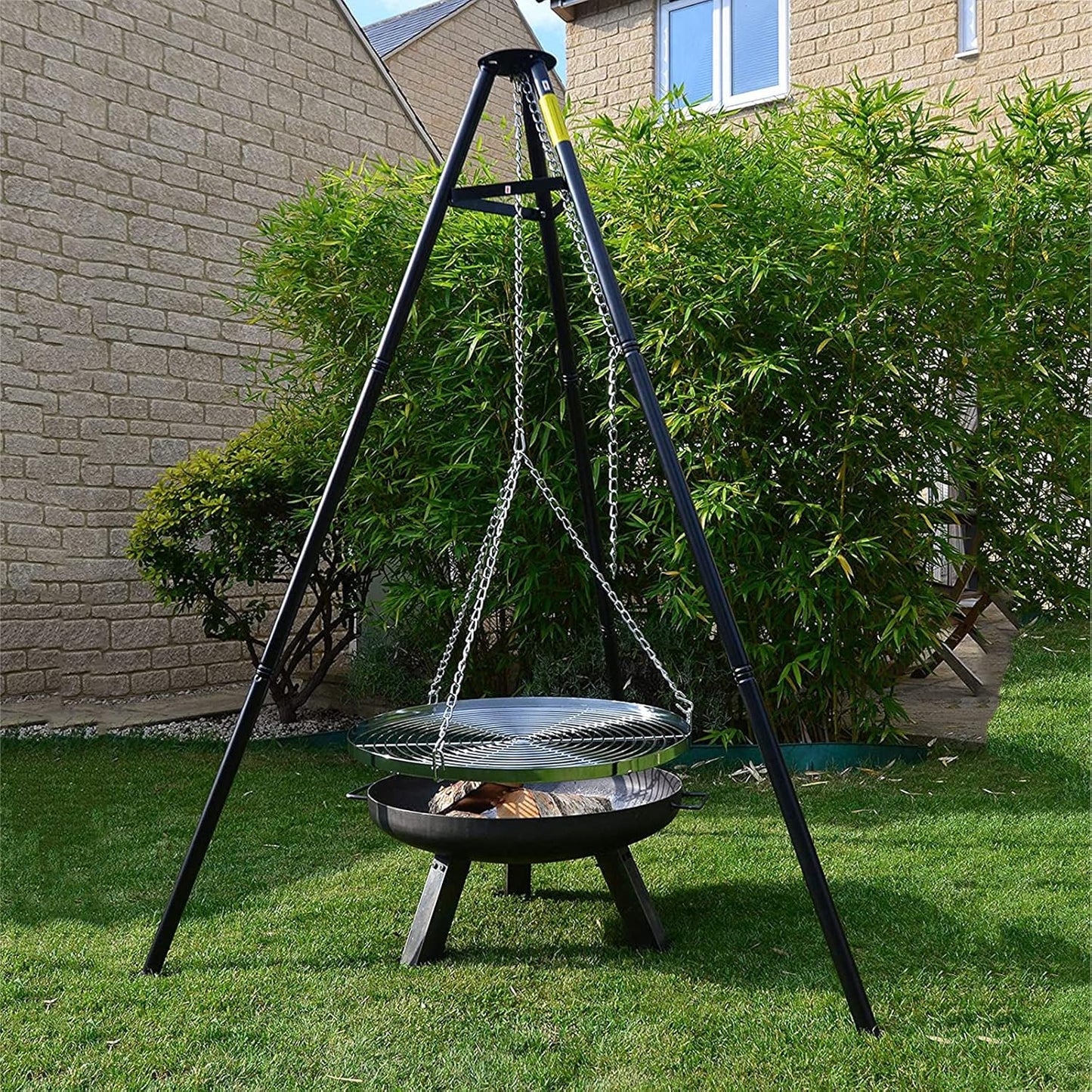 Outdoor Camping Fire Pit Portable,Height-Adjustable Hanging Tripod campfire cooking equipment,Heavy Duty Firepit Grill,with Stainless Steel Barbecue Net and Charcoal Barbecues,for Outdoor Cookin