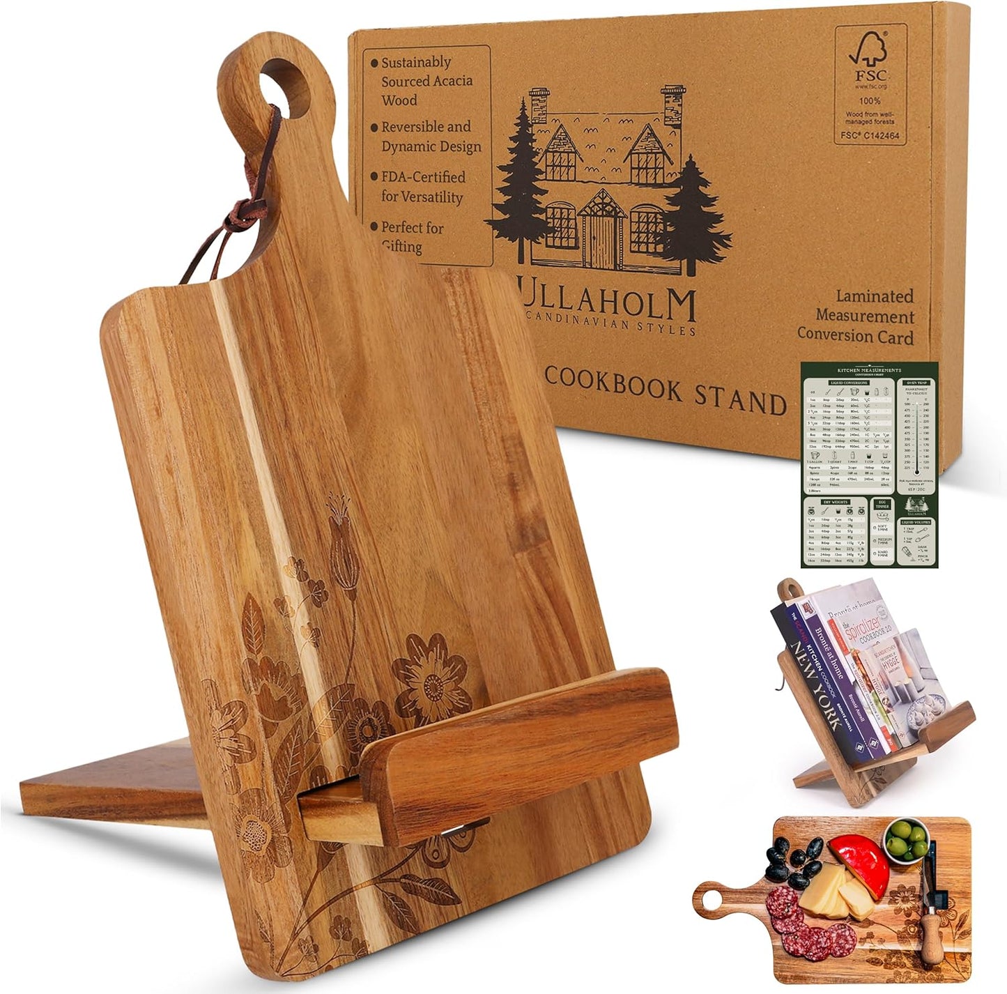 Wood Cookbook Stand for Kitchen Counter - Reversible Wooden Recipe Book Holder Stand with Cooking Measurement Conversion Card - Gift-Ready Adjustable Tablet Cook Book Holder with Charging Cable Slot