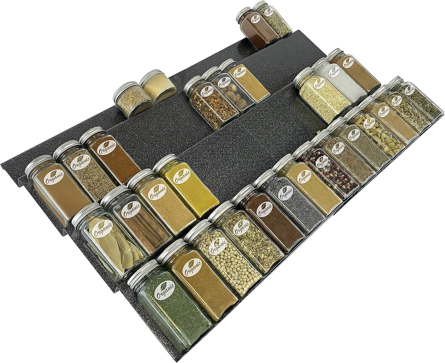 LYNK PROFESSIONAL® Expandable Organizer - Heavy Gauge Steel 4 Tier Spice Rack Insert Tray for Spice Jars, Herbs and Seasoning - Kitchen Cabinet Drawer Storage - Silver Metallic