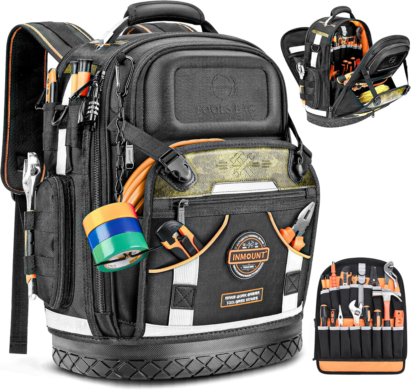 Tool Backpack Bag, HVAC Heavy Duty Construction Tools Backpack for Men, 1680D Professional Level Durable Tool Organizer, with Molded Base & Combination Lock, for Electricians & Home Repair