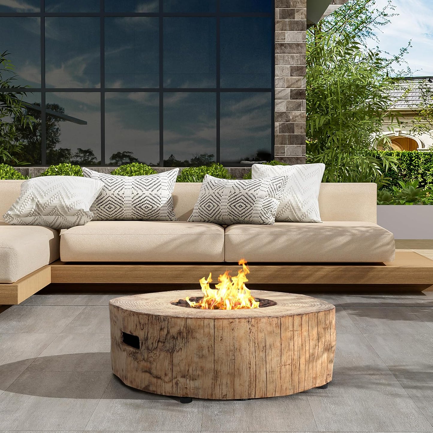 Outdoor Fire Pit with Stylish Wood Pattern - 30000 BTU, Adjustable Flame, Durable Material, Lava Rocks/Tank Seat/Weather Cover, No Assembly