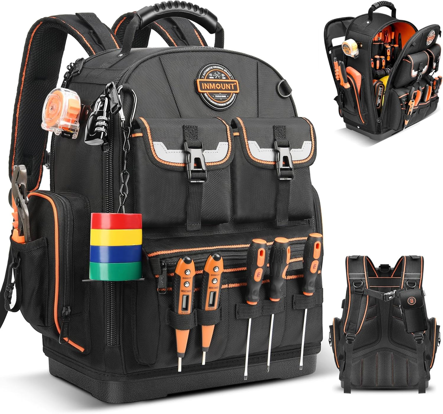Tool Backpack and Tool Bag, Heavy Duty with 89 Pockets & Loops, Laptop Compartment, Combination Lock & Molded Waterproof Base \u2013 Ideal for Electricians, HVAC, Maintenance & Construction Pros(Black)