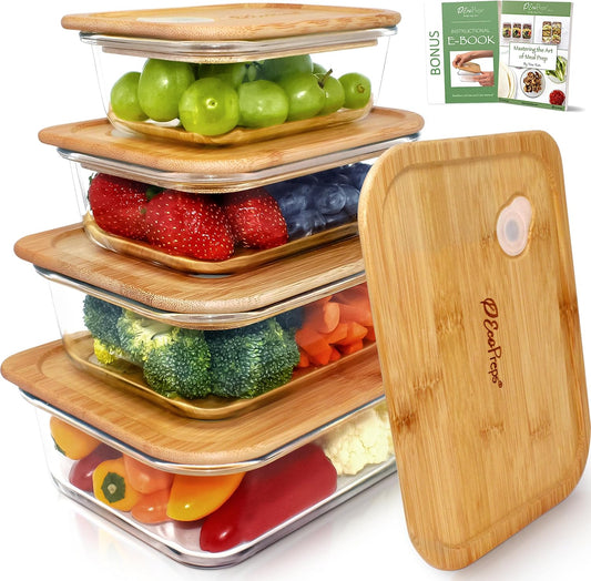 EcoPreps Glass Food Storage Containers with Bamboo Lids (4 Pack) - 100% Plastic Free, Eco-Friendly, Oven, Microwave Safe Meal Prep Container Set - Bamboo Lid Storage Container, Glass Lunch Containers