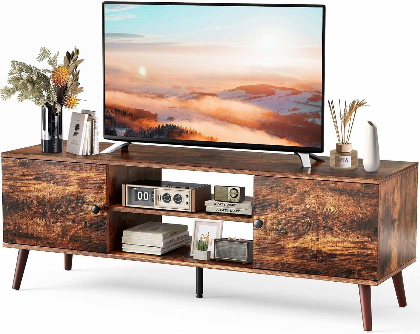AENKYO Soporte de TV Moderno de 60" con Gabinete de Almacenamiento, Compartimento Oculto y Cajones - Marrón