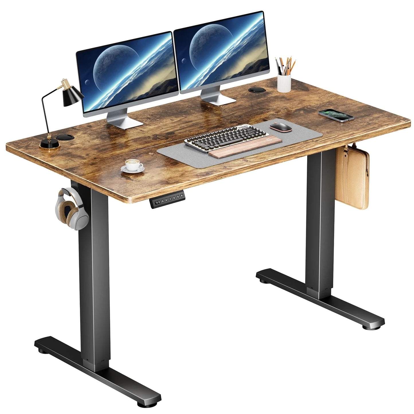 AENKYO Electric Height Adjustable Standing Desk with T-Shaped Metal Frame, Ergonomic Home Office Workstation for Computer, Modern Sit to Stand Desk,Brown