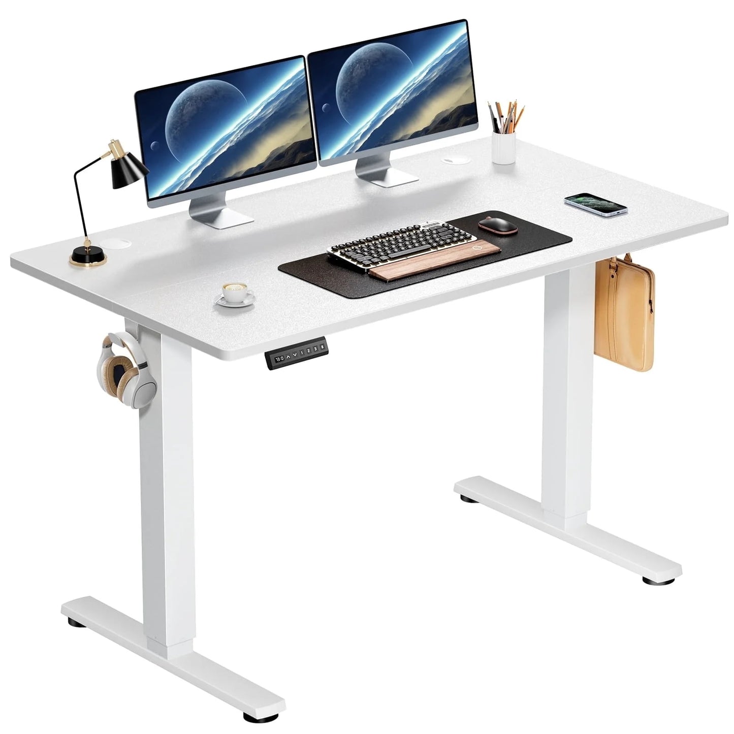 AENKYO Electric Height Adjustable Standing Desk with T-Shaped Metal Frame, Ergonomic Home Office Workstation for Computer, Modern Sit to Stand Desk,White