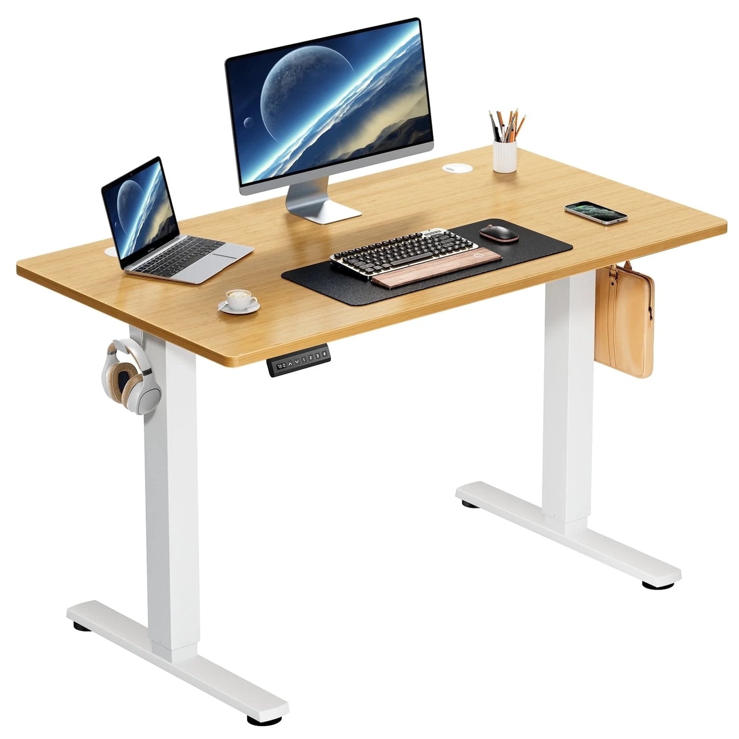 AENKYO Electric Height Adjustable Standing Desk with T-Shaped Metal Frame, Ergonomic Home Office Workstation for Computer, Modern Sit to Stand Desk,Yellow
