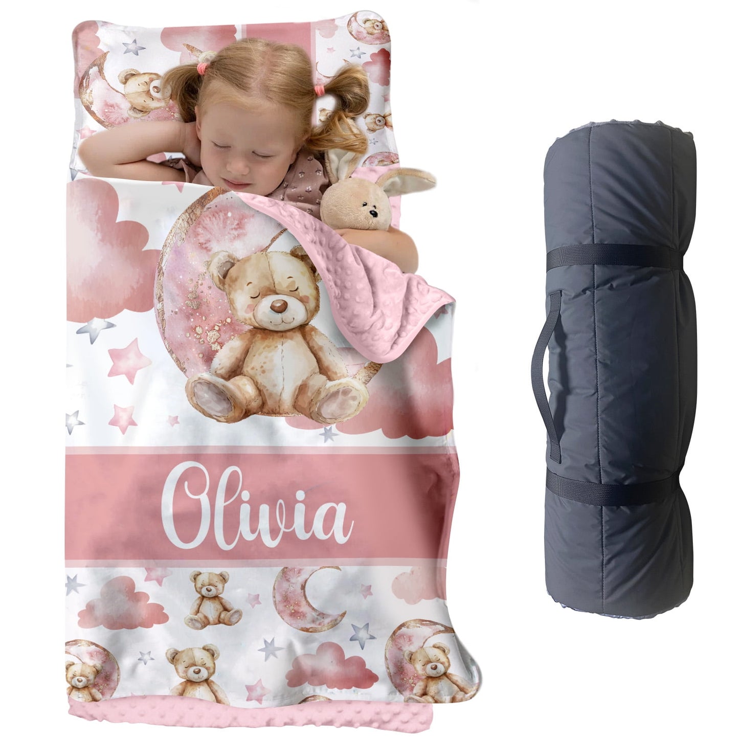 Personalized Elephant Nap Mat for Toddlers, Custom Floral Sleeping Bag with Nap Blanket, Pink Flower Theme Roll Up Mat for Preschool or Daycare(Cushions + Pillows22.5"x55"+Blanket size: 33.5" x 45")