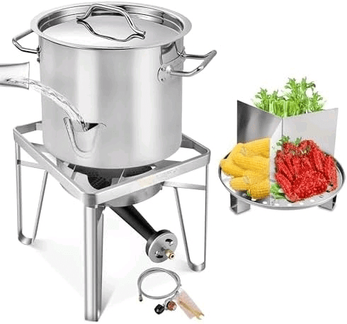ARC 52QT Stainless Steel Steamer Pot With 200,000BTU Portable Propane Burner For Outdoor Cooking, Seafood Crab-Vegetable-Tamale Large Pot with Water Spout, Divider and Steamer Rack