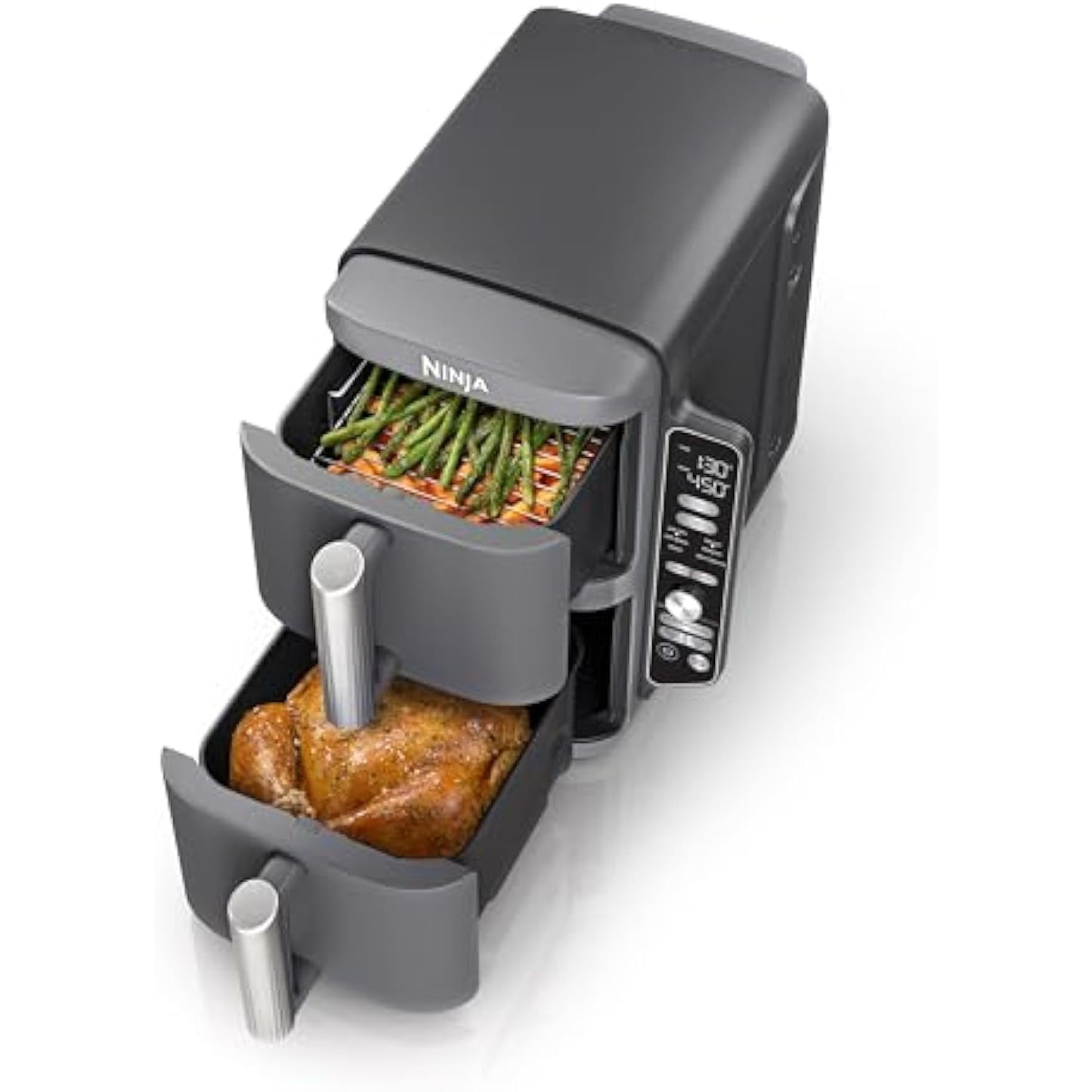 Air Fryer, 10QT DoubleStack XL 2-Basket, Compact Design, Cooks 5lb Whole Chicken, Feeds Up to 8 People, 6-in-1 Air Fryer, Roast, Bake & More, Easy to Clean, Dishwasher Safe Parts, Grey, SL401