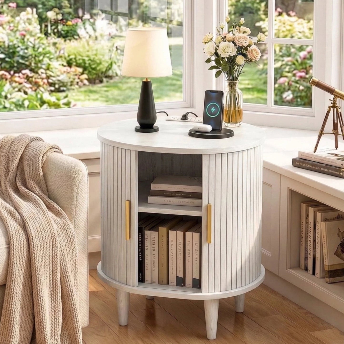 Aisword Nightstand with Charging Station, Fluted Accent Side Table with Sliding Door and Adjustable Shelf, End Table for Small Space, White