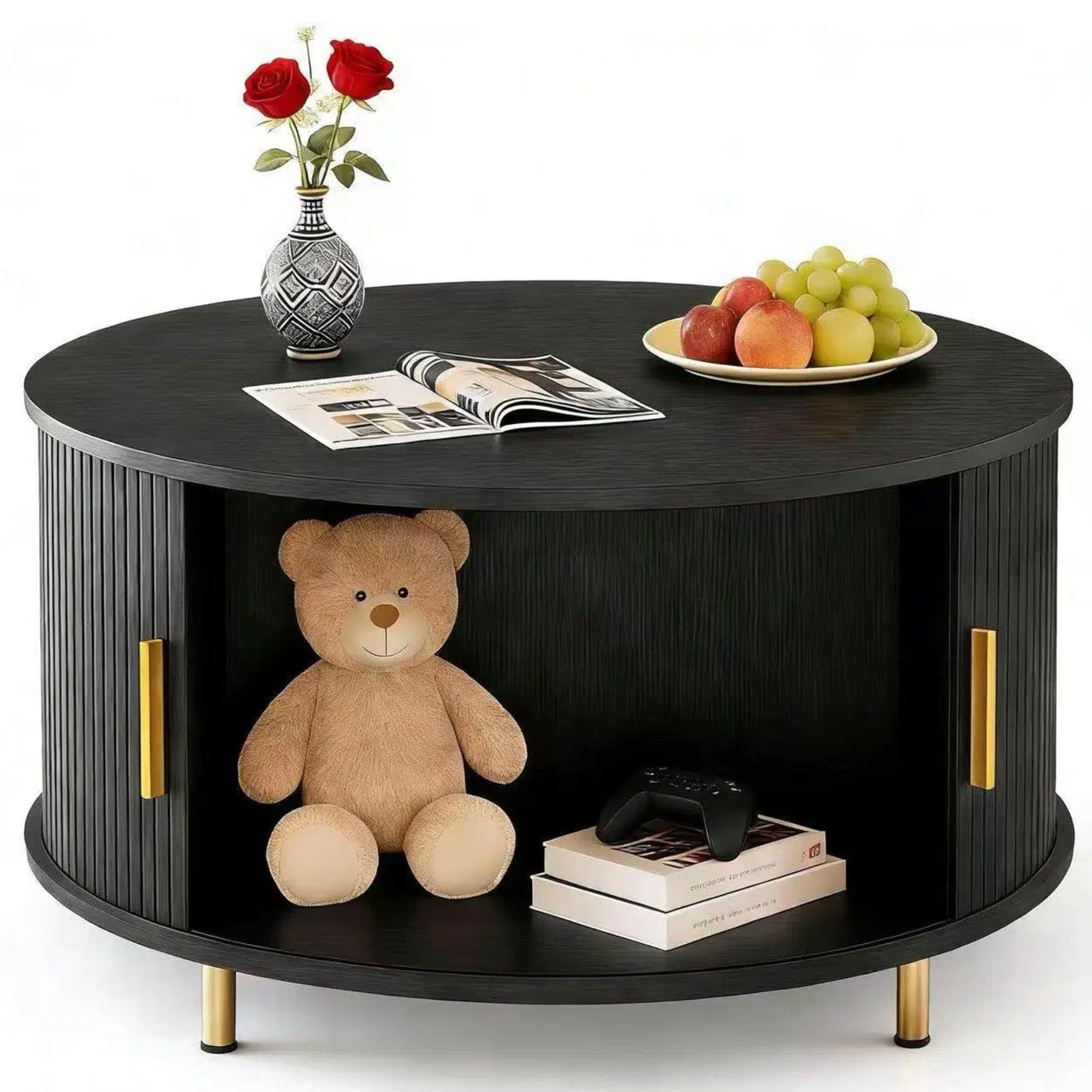 AISWORD Round Coffee Table with 360° Sliding Door, Fluted Accent Coffee Table with Storage Adjustable Footpads for Living Room, Black