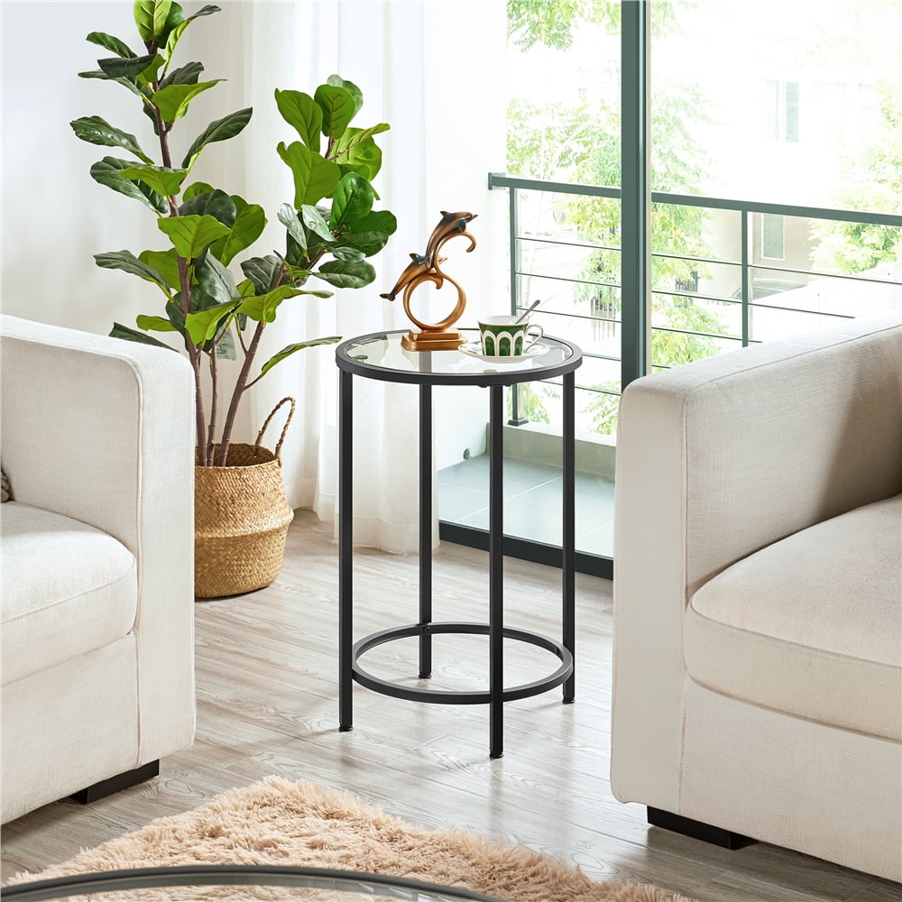 Alden Design Round Metal End Table with Glass Top for Livingroom, Black