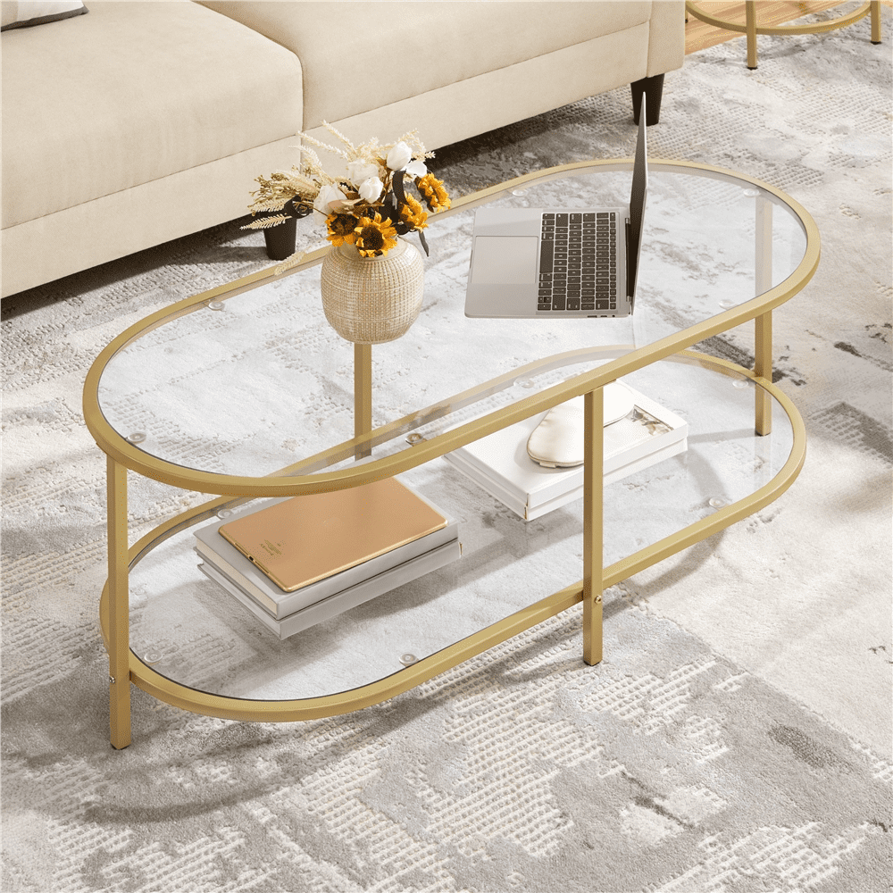 Alden Design Two-layer Modern Oval Glass Coffee Table for Living Room, Gold