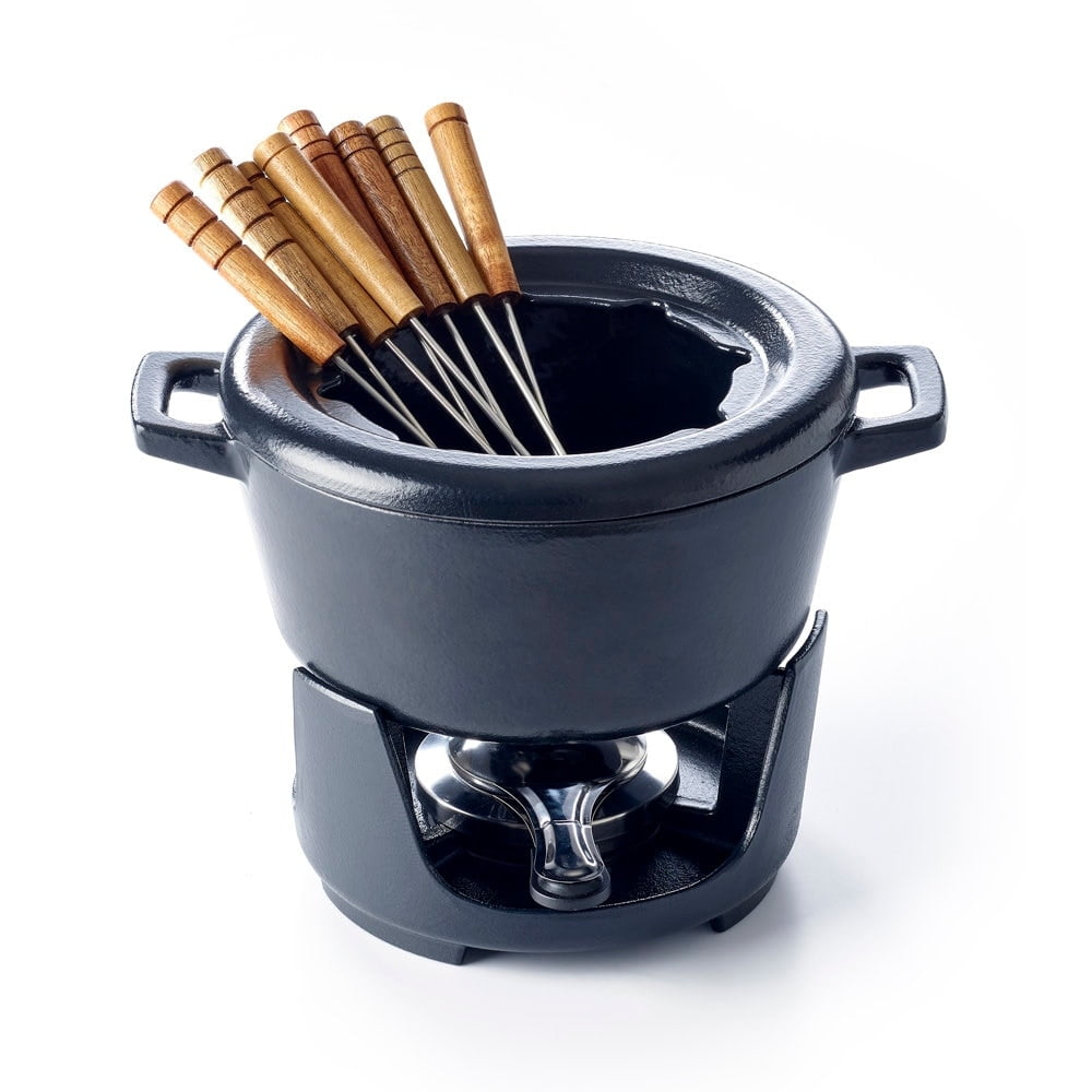 Alva Nori Cast Iron Round Fondue Pot Set with 8 Fondu Forks, 2 Quart
