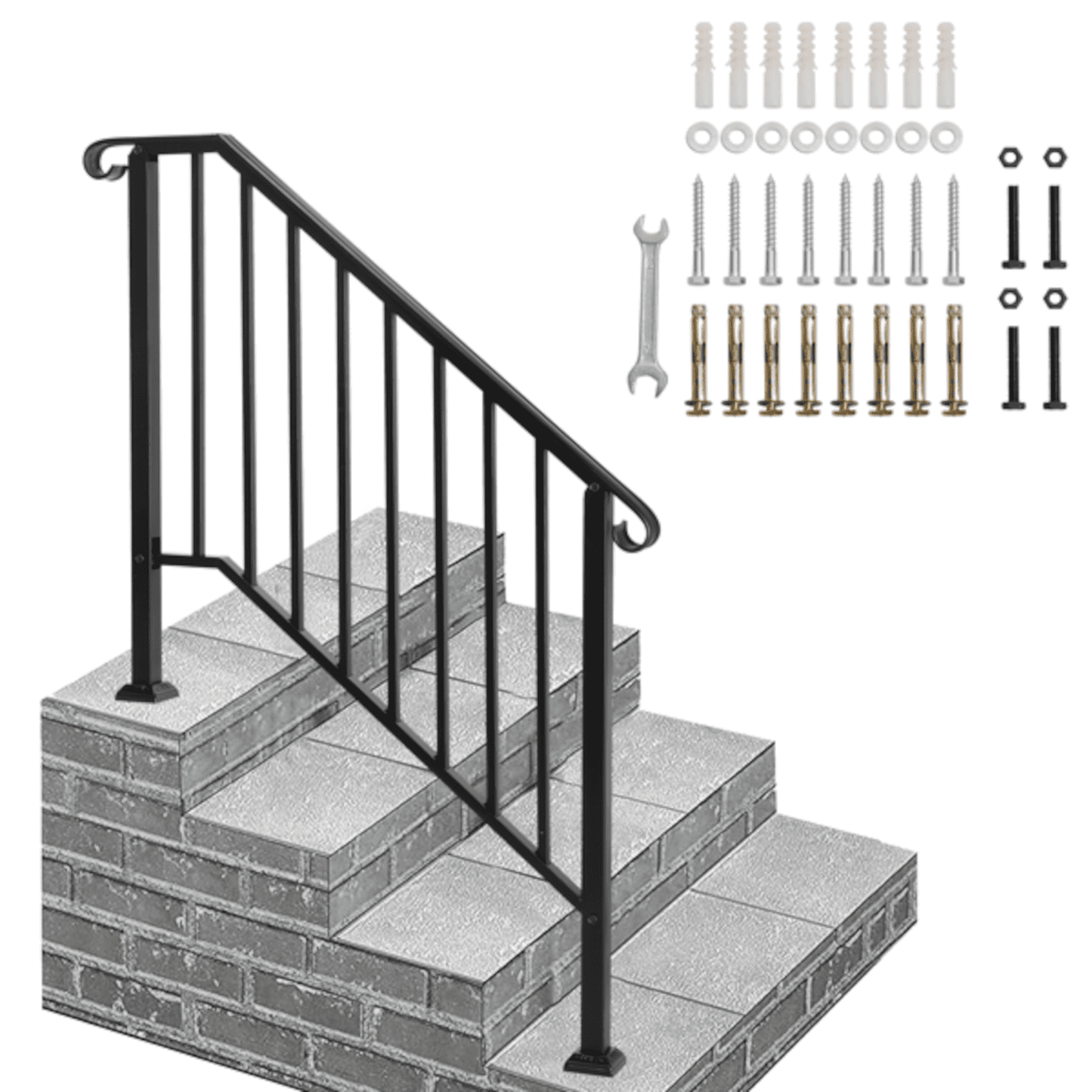 Alvantor 4 Step Handrails for Outdoor Steps,Iron Picket Design for Garden,House Entry Steps,Porch,Complete Installation Kit