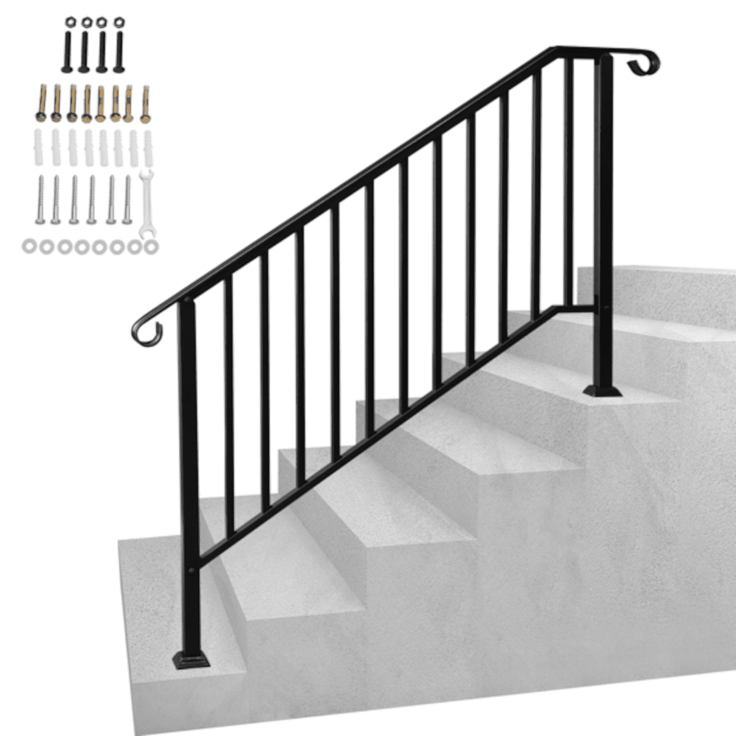 Alvantor 5 Step Handrails for Outdoor Steps,Iron Picket Design for Garden,House Entry Steps,Porch,Complete Installation Kit