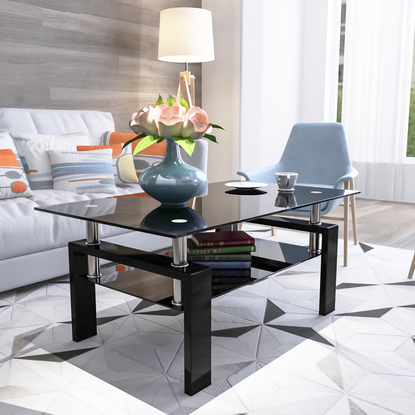 Alvantor Glass Coffee Table, 38.6" Modern Rectangle Tables with Tempered Glass Top and MDF Layer for Living Room Black