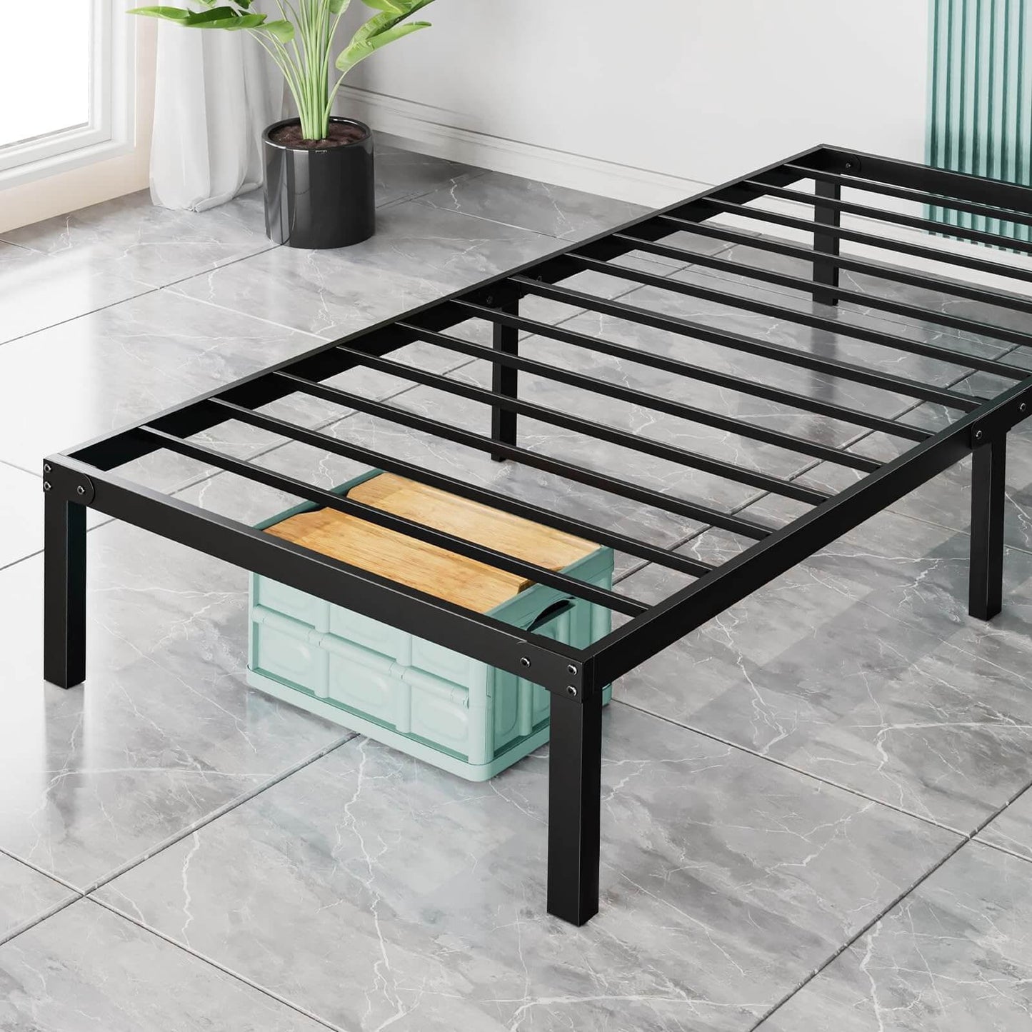 Alvantor Base de Cama de Metal Resistente con Almacenamiento, Soporte de Láminas de Acero, Negro, Tamaño Twin