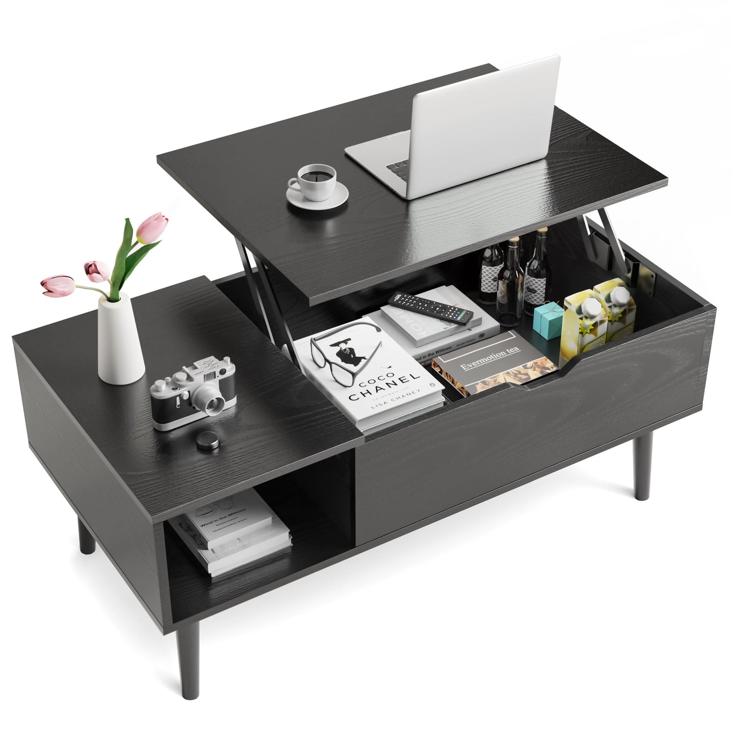 Alvantor Mesa de Centro Elevable con Compartimento de Almacenamiento Oculto, Diseño Moderno, Marrón/negro