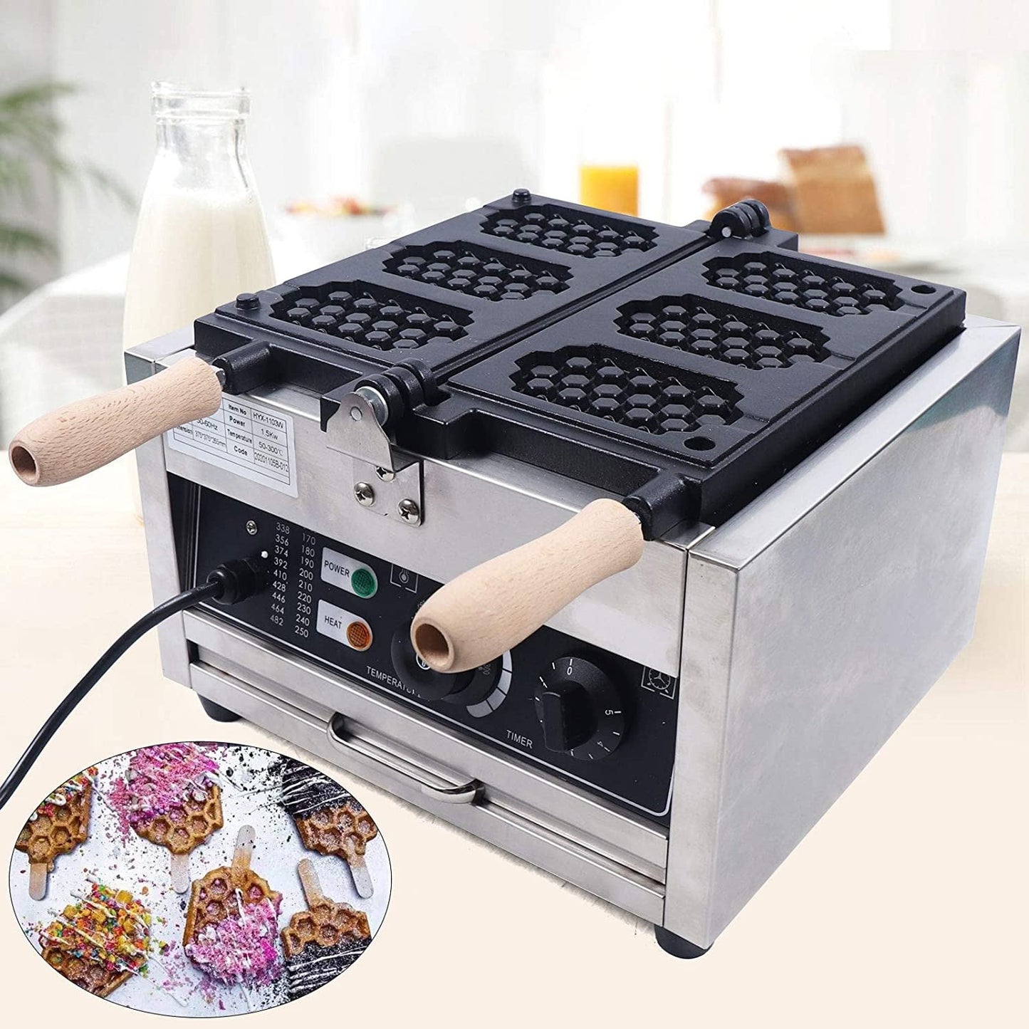 Anqidi Commercial Nonstick 1500W Electric 3Pcs Honeycomb Waffle Maker Cast Aluminum Mould Stainless Steel Body