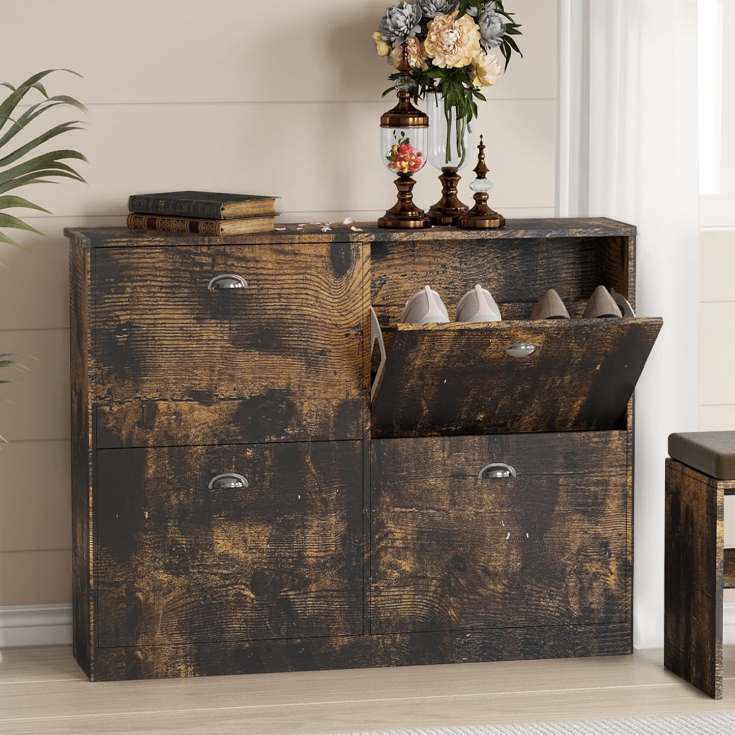 Aukfa 40.3" Slim Narrow Shoe Cabinet with Drawers for Entryway,Entryway Shoe Organizer w/Adjustable Shelves,Brown