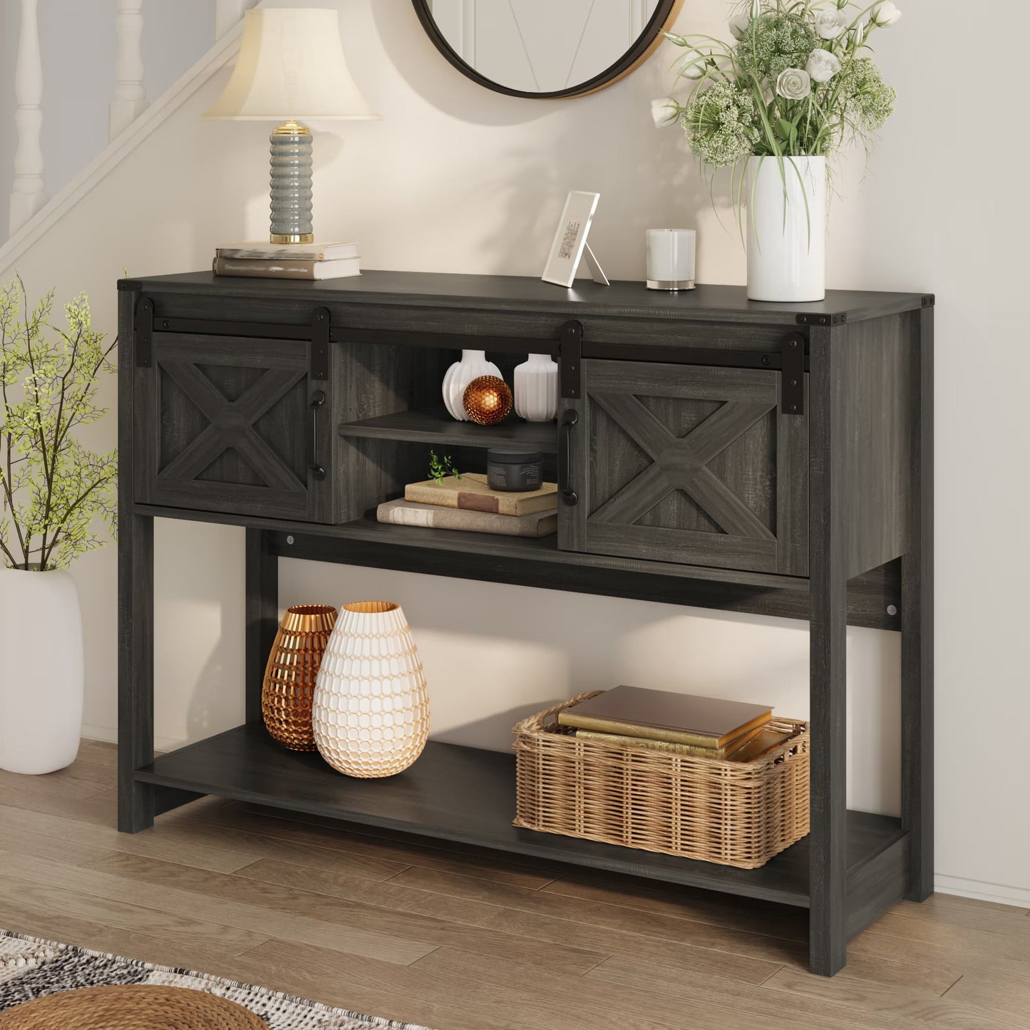 Aukfa 46" Farmhouse Console Table with Storage Shelf & Sliding Barn Doors, Wood Entryway Table with Storage for Living Room, Hallway, Foyer, White/Oak