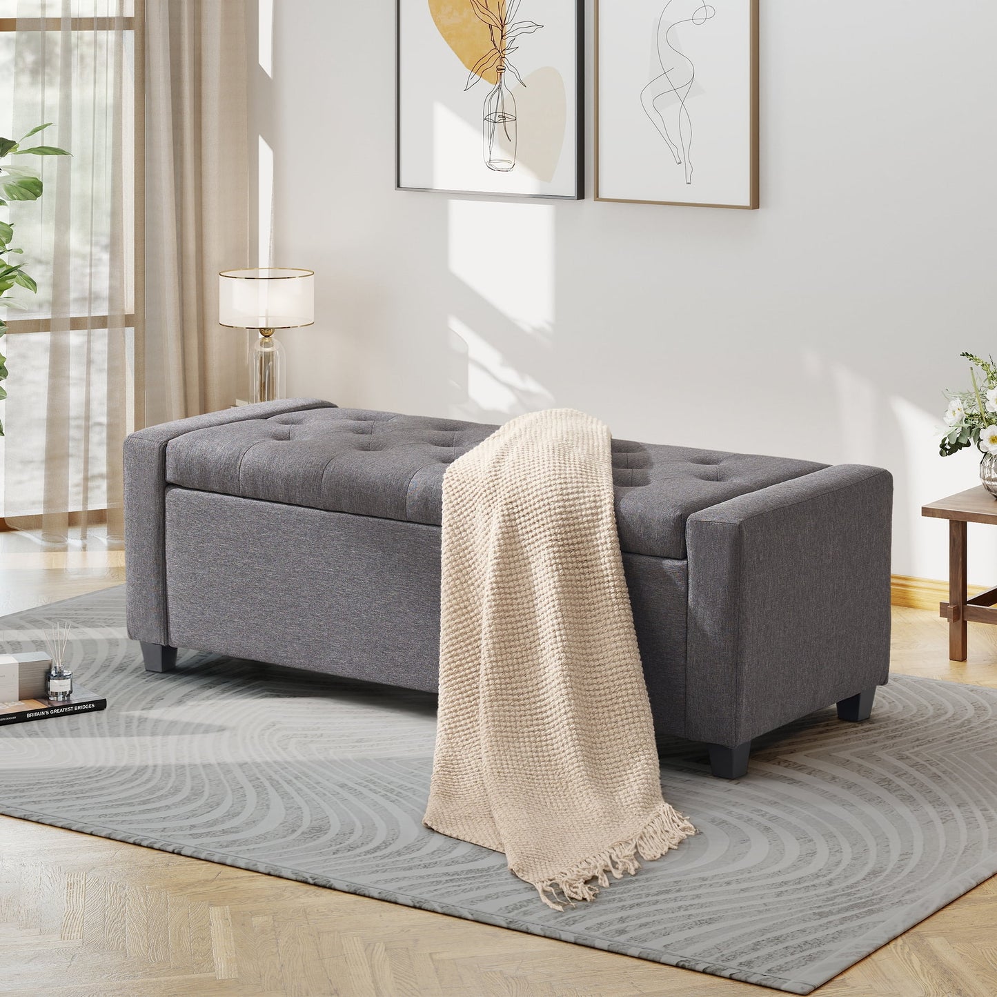 Aukfa 48" Storage Ottoman Bench,Faux Linen End of Bed Bench for Living Room, Bedroom, Entryway,Gray