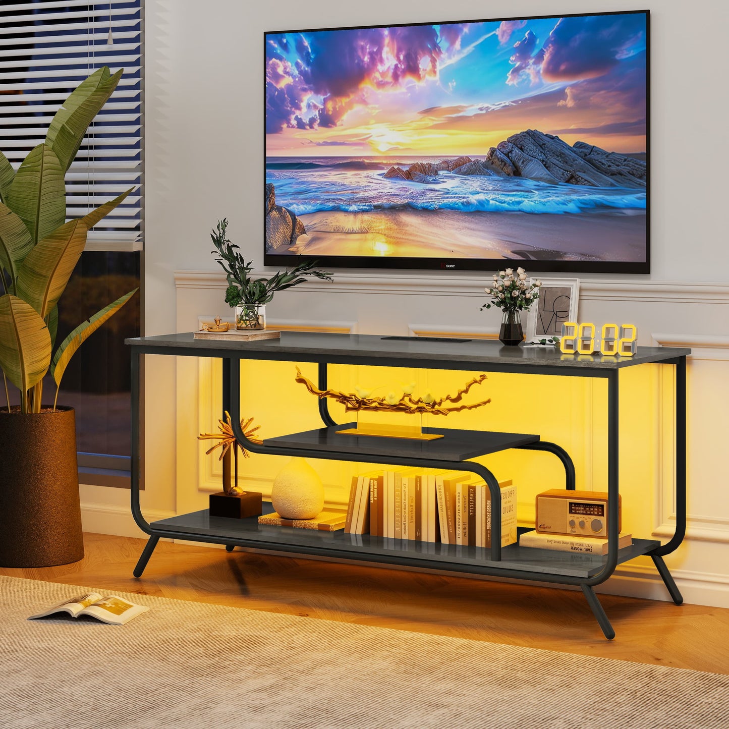 Aukfa LED TV Stand for TVs up to 32–55",Media Console with Power Outlets & USB Ports,Gray