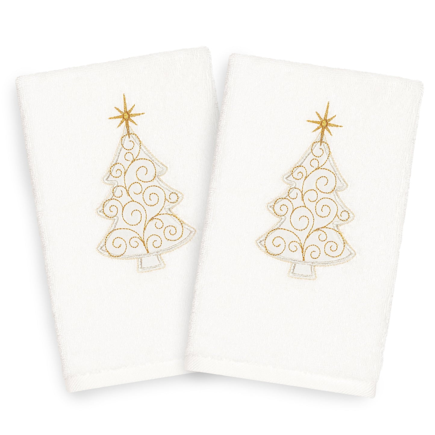 Linum Home Christmas Scroll Tree Party Embroidered White Turkish Cotton Hand Towels - Set of 2