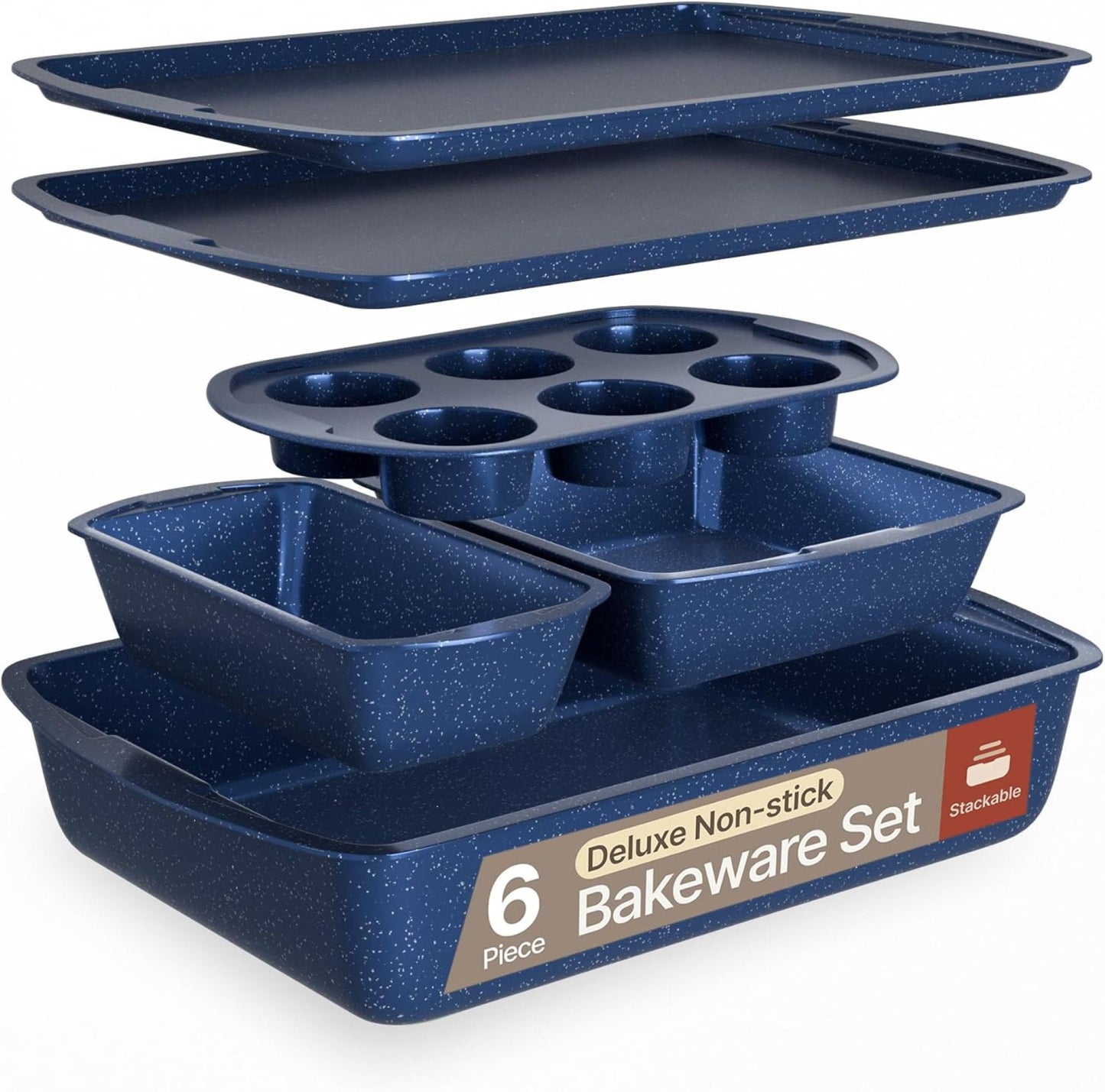 Bakken- Swiss Kitchen Baking Pan Set - Nonstick Blue Marble Coating, Commercial Grade Carbon Steel, Baking Kitchen Essentials, Oven Safe Tray (Up To 450° F), Set of 6