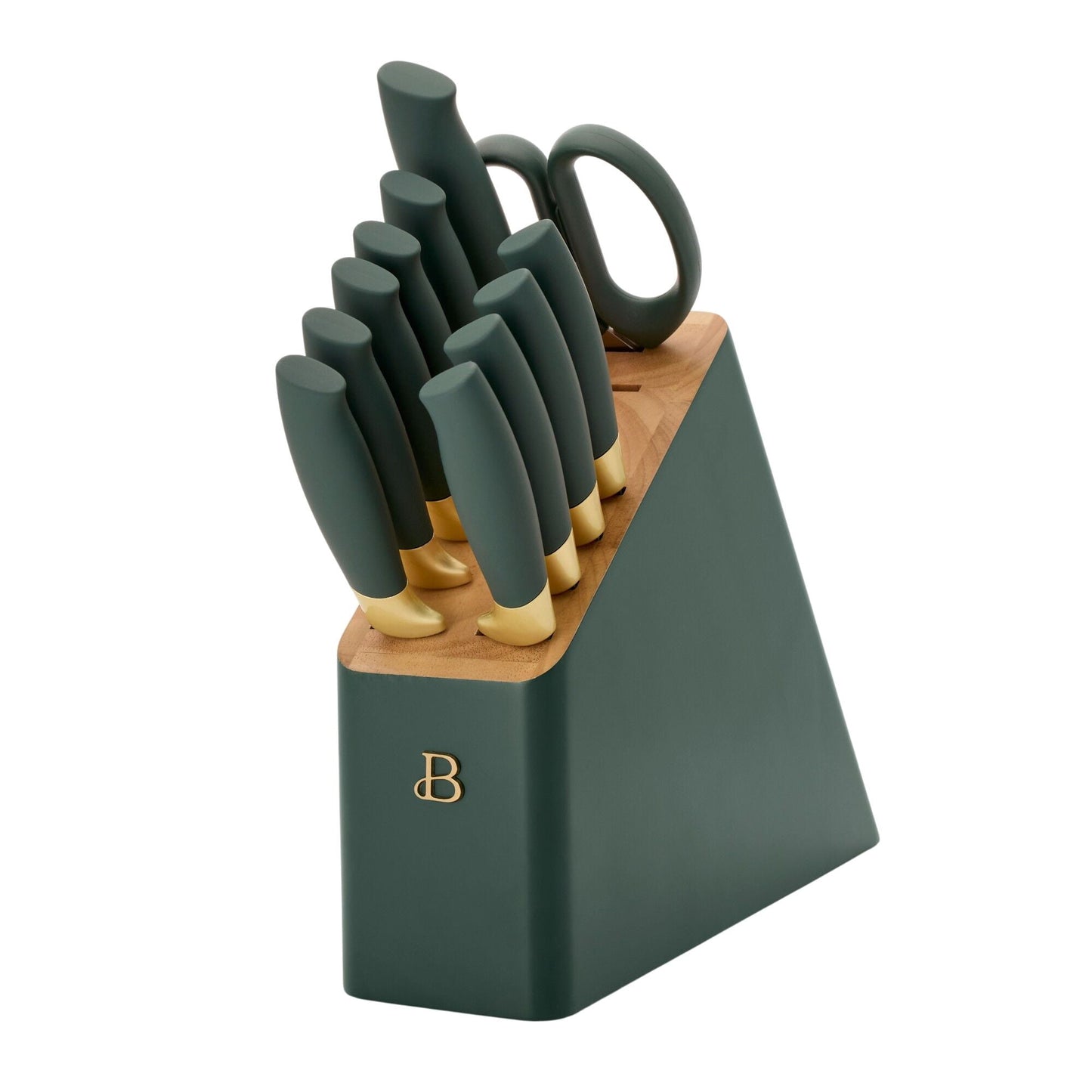 Hermoso Juego de Bloque de Cuchillos de 12 Piezas en Verde Tomillo y Dorado con Mangos Ergonómicos de Agarre Suave by Drew Barrymore