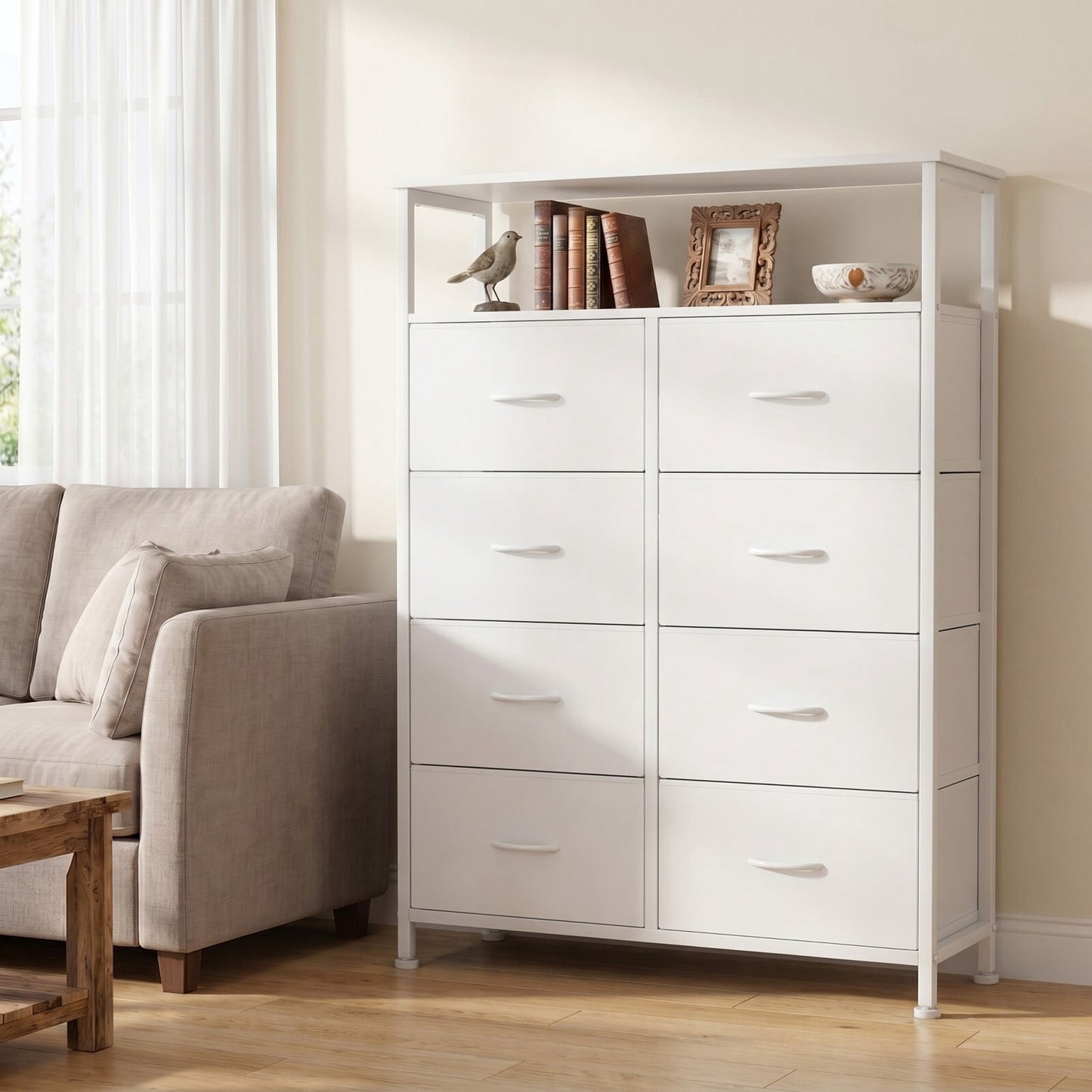 BEAUTYPEAK 8 Drawer Fabric Dresser with Wood Top Open Shelf Storage Chest with Adjustable Feet, White