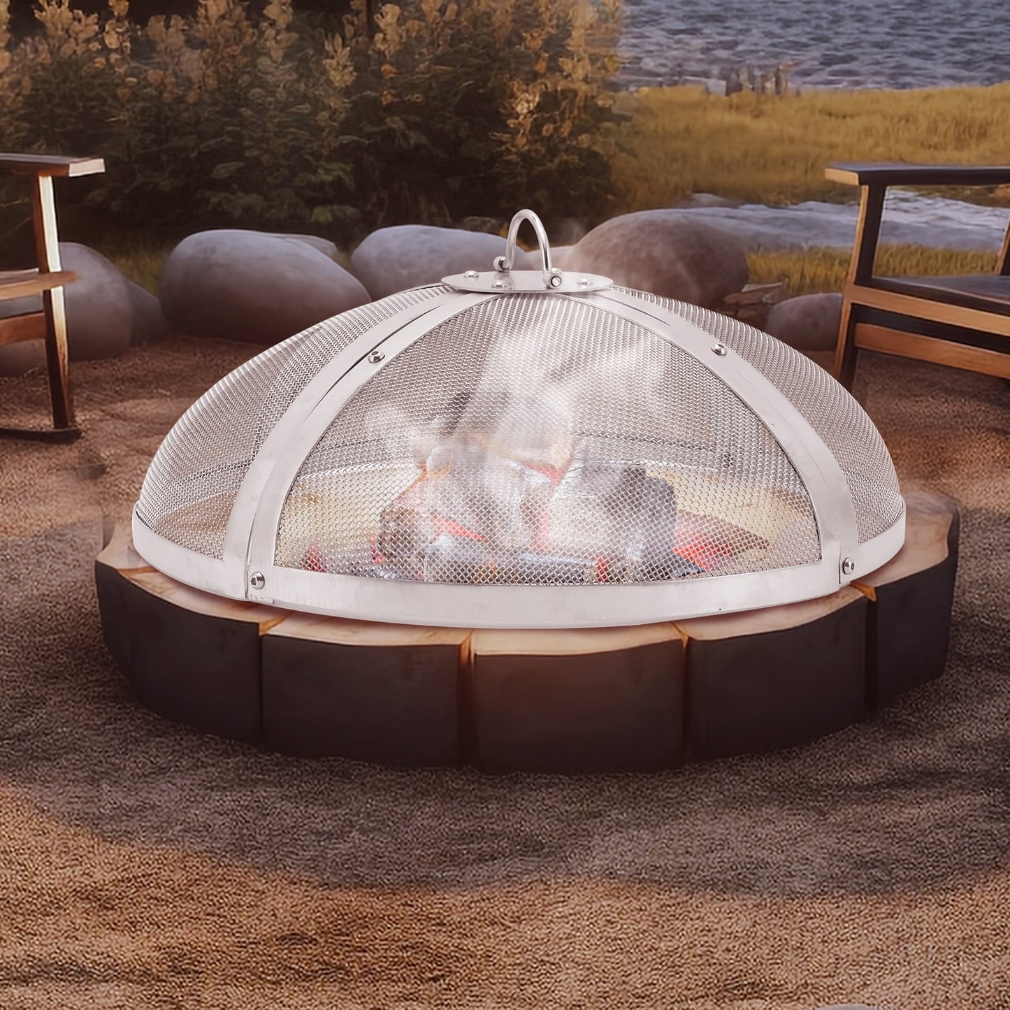 BENTISM 40" Round Firepit Spark Screen Cover Lid Stainless Steel Wood Burning