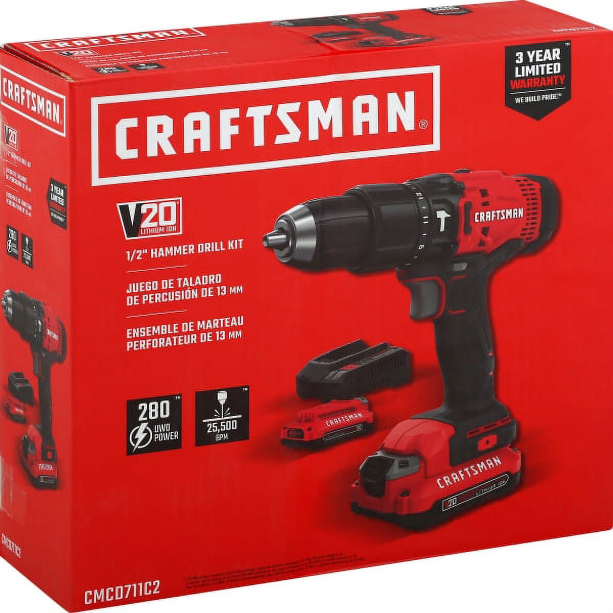 BLACK+DECKER Craftsman CMCD711 20V, "1500 rpm" Brushed Cordless Compact Hammer Drill/Driver 1/2