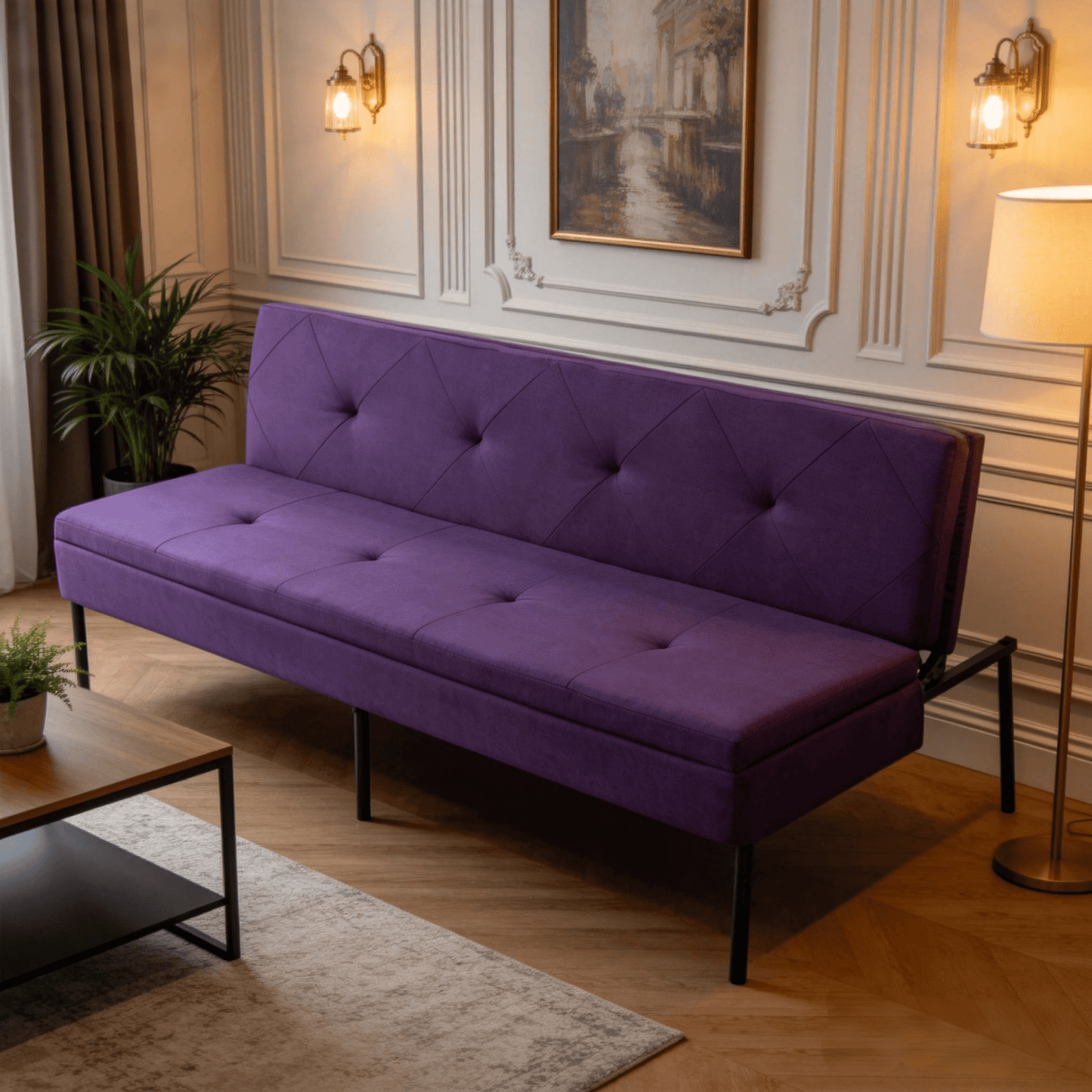 BSHTI Sofá Cama Futón de 63.39" con 5 Posiciones Ajustables – Sofá Cama Convertible de Tela de Poliéster con Estructura de Hierro, Diseño Moderno con Forro Limpio para Sala de Estar, Apartamento, Oficina, Dormitorio, Morado