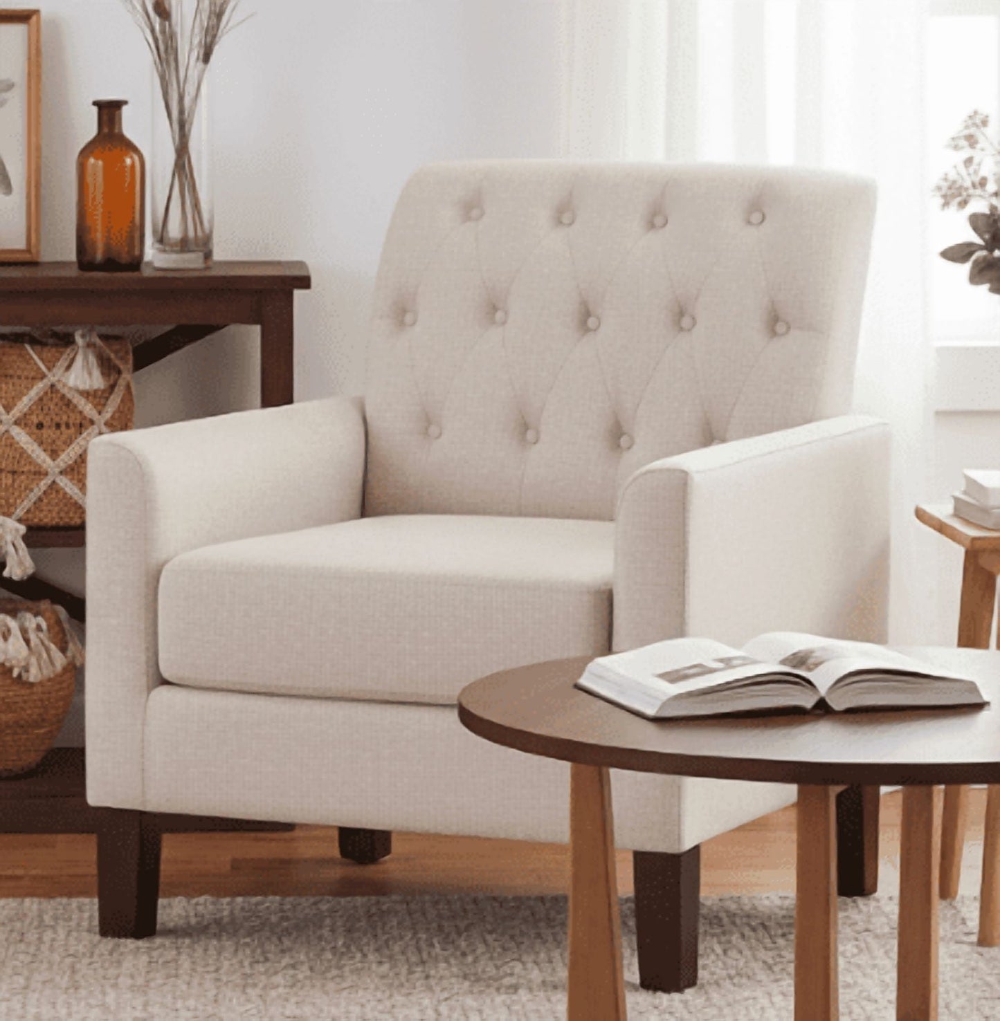 BSHTI Modern Accent Chair with Vintage Rivets Finish, Footrest Chair Set with Solid Wood Legs and Ergonomic Backrest, Button Tufted Upholstered Armchair for Livingroom