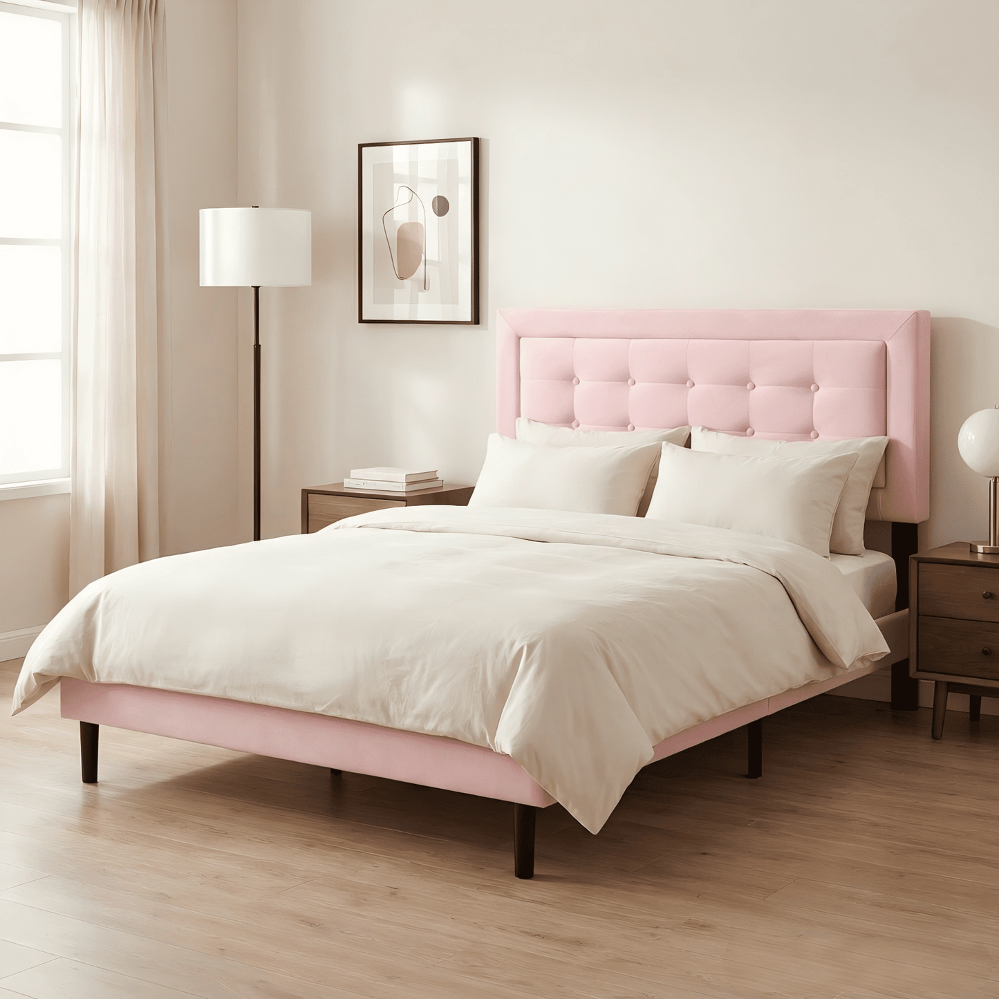 BSHTI Full Size Platform Bed Frame with Square Tufted Upholstered Headboard – Solid Wood Frame, 10 Wood Slats, Center Support Leg, Under-Bed Clearance, No Box Spring Needed, Pink