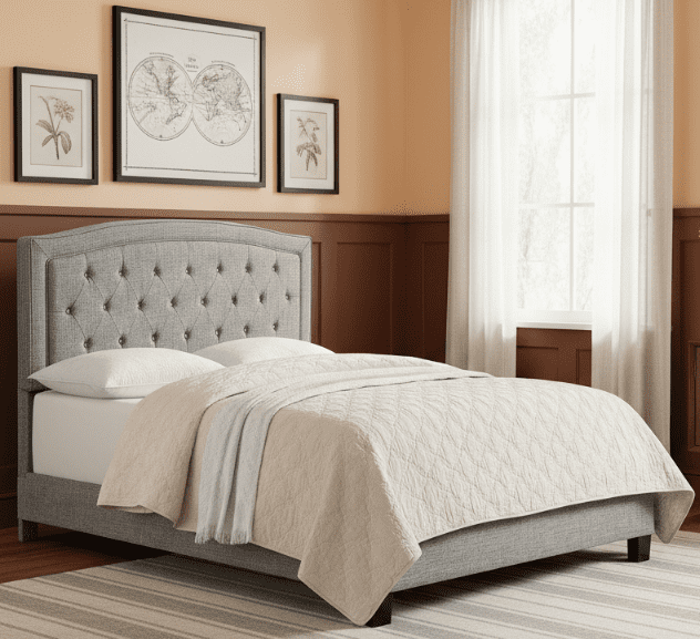 BSHTI Modern Twin Size Metal Platform Bed Frame with Upholstered Headboard and wood slats support for Livingroom, Box Spring Required