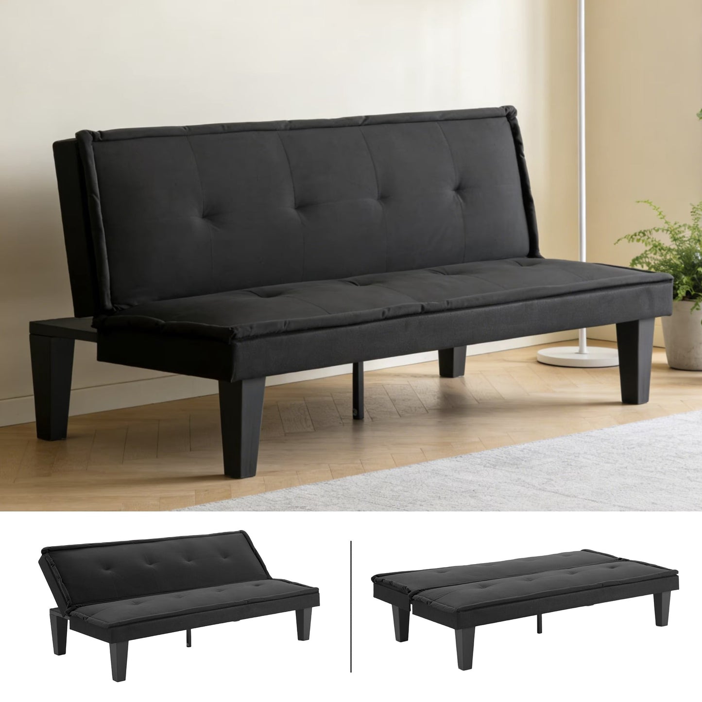 BSHTI Sofá Cama Futón de Gamuza Sintética de 62.99", Respaldo Ajustable de 5 Posiciones, Se Convierte en Cama, para Espacio Pequeño, Negro